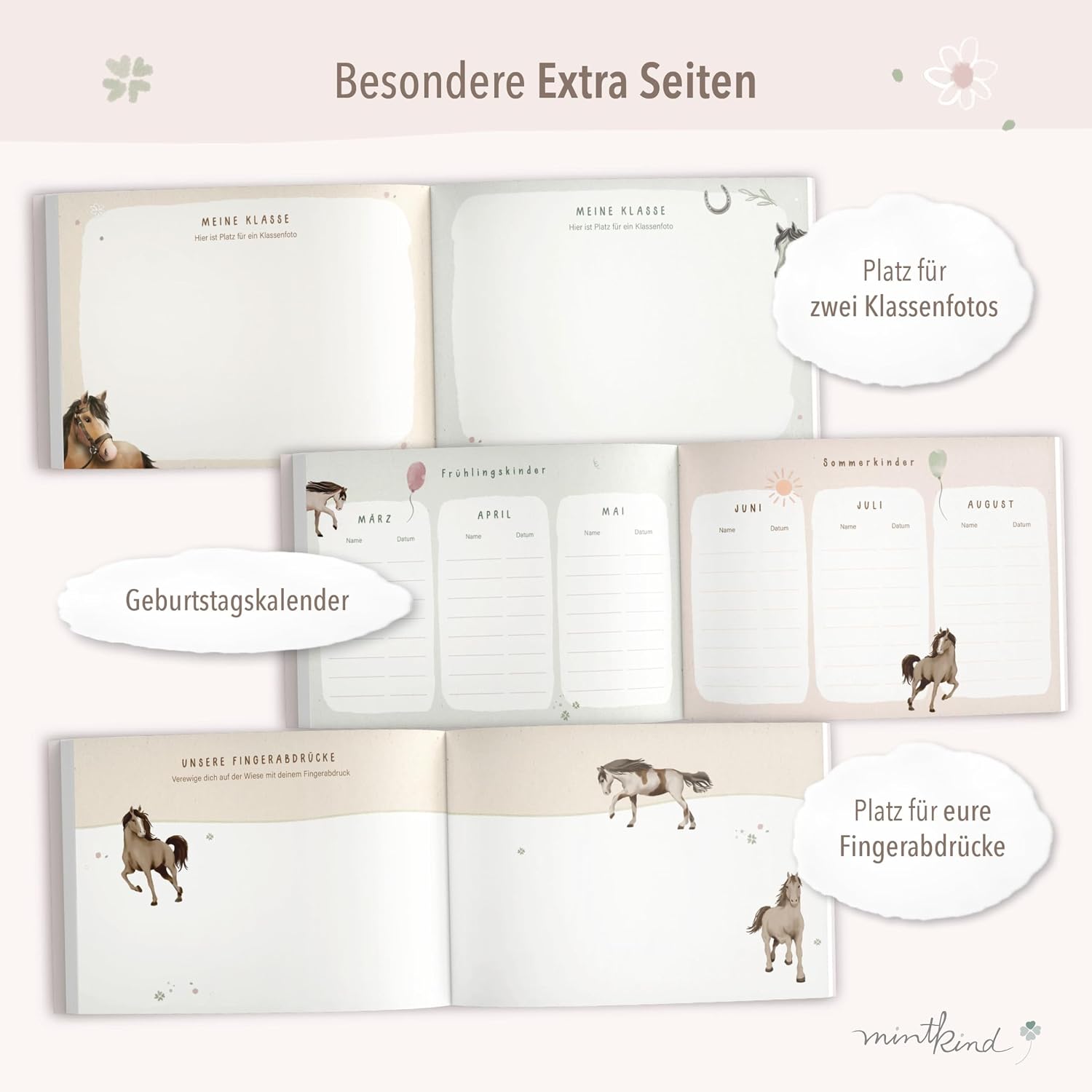 Detalle 2 de mintkind® Schulfreundebuch Pferde für Mädchen (DIN A5, Hardcover, 30 Freundeseiten) – mit Geburtstagskalender & Malrätseln