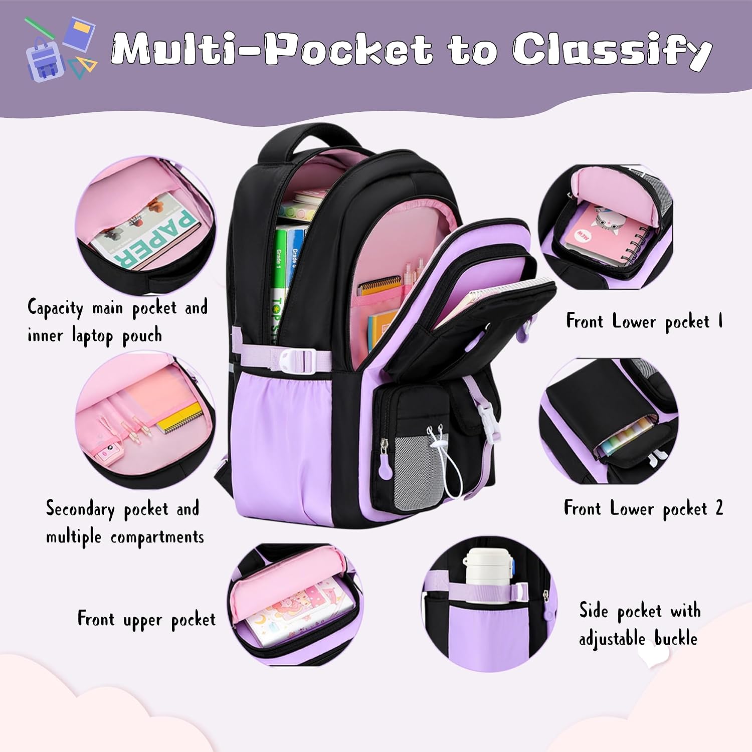 Detalle de GRUOTEIS Kids Backpack for Girls: Practical, comfortable and multi-pocket school bag