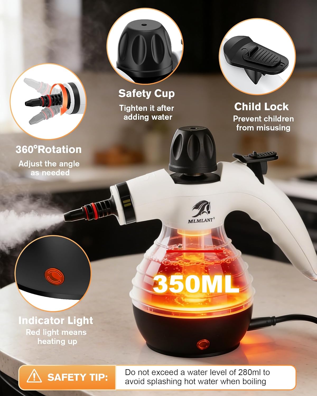 Detalle de MLMLANT EM-308 Handheld Steam Cleaner, 4.5 Bar, 300°F, 10 Accessories