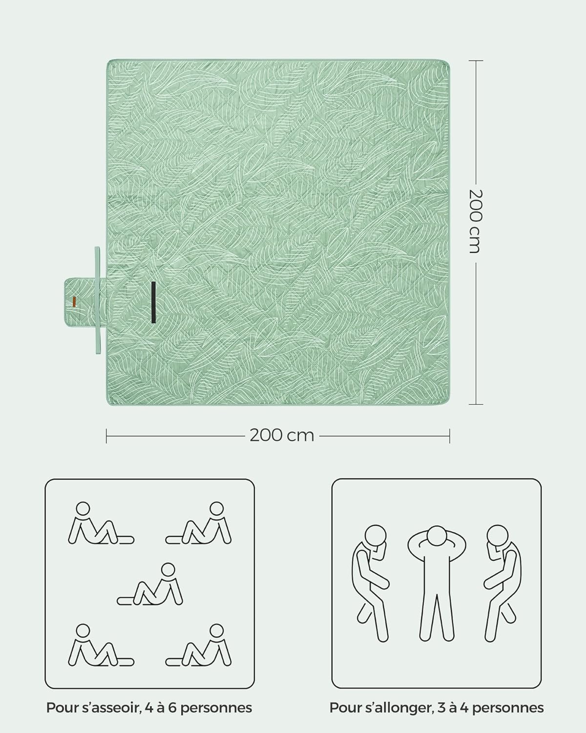 Thumbnail 2 de SONGMICS Couverture de pique-nique GCM010C02 200 x 200 cm avec 4 piquets, motif feuilles vert menthe