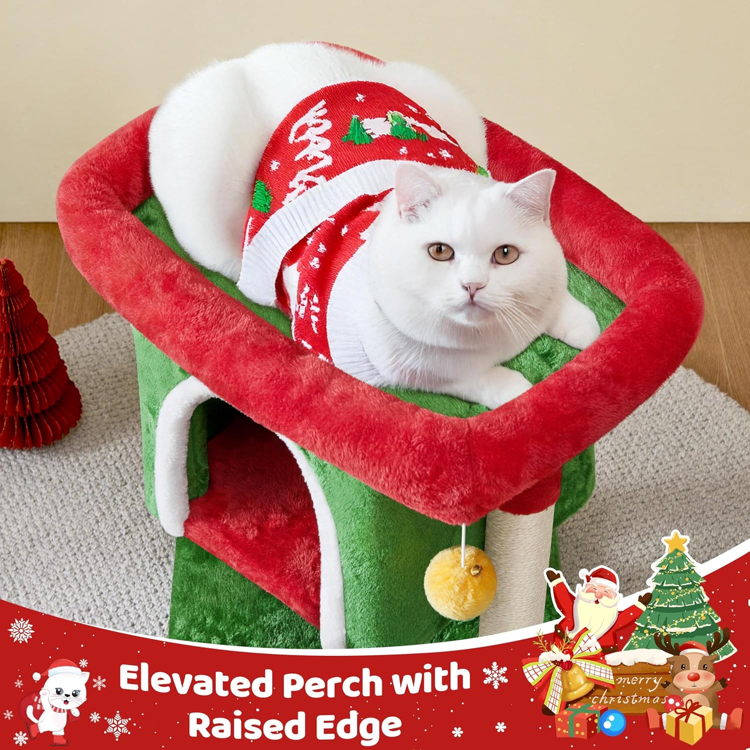 Thumbnail 3 de Yaheetech Christmas Themed Cat Tree Tower for Kittens (Red/Green) with Scratch Post, Plush Condo & Dangling Ball