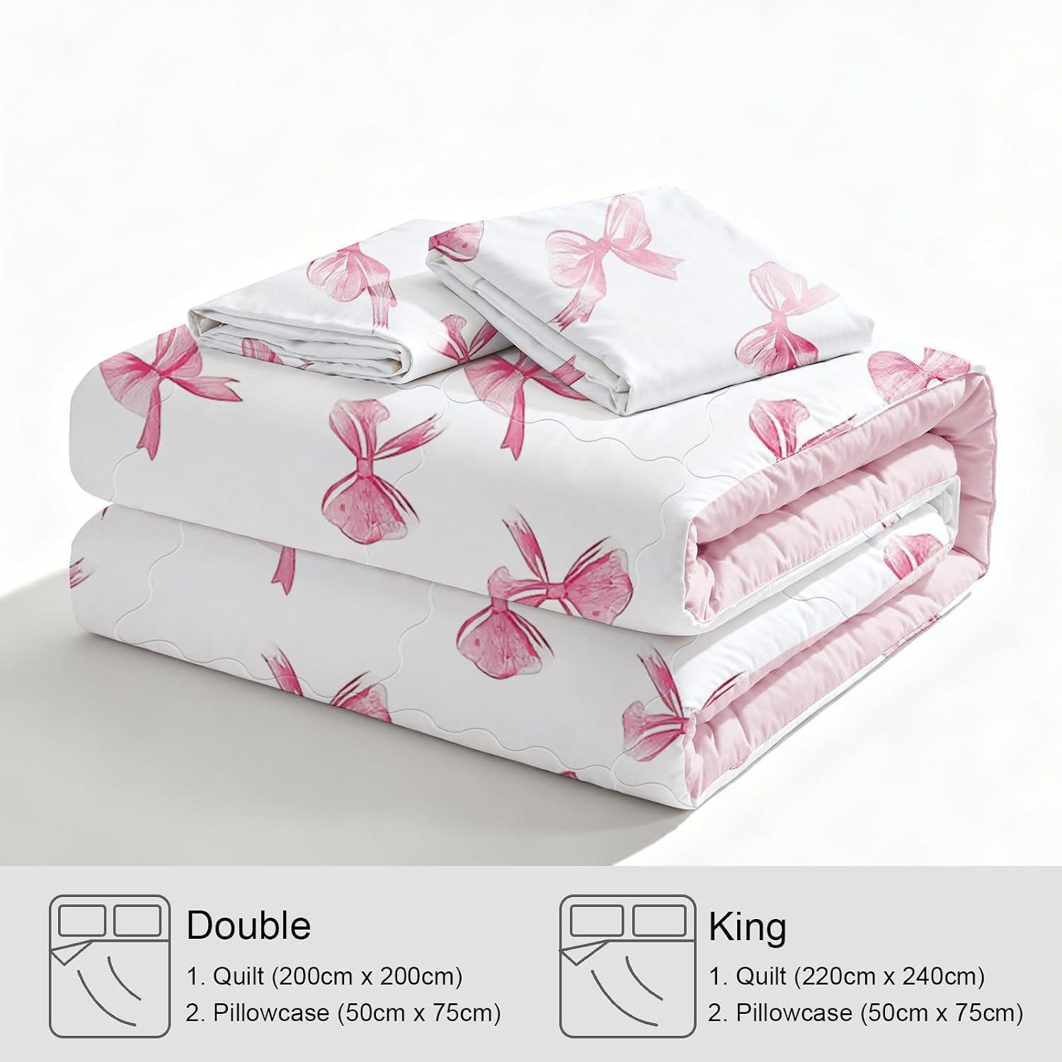 Detalle 2 de Wajade Pink Bow King Duvet Set (220 x 240 cm) with Two Pillowcases – Soft, Reversible, All-Season