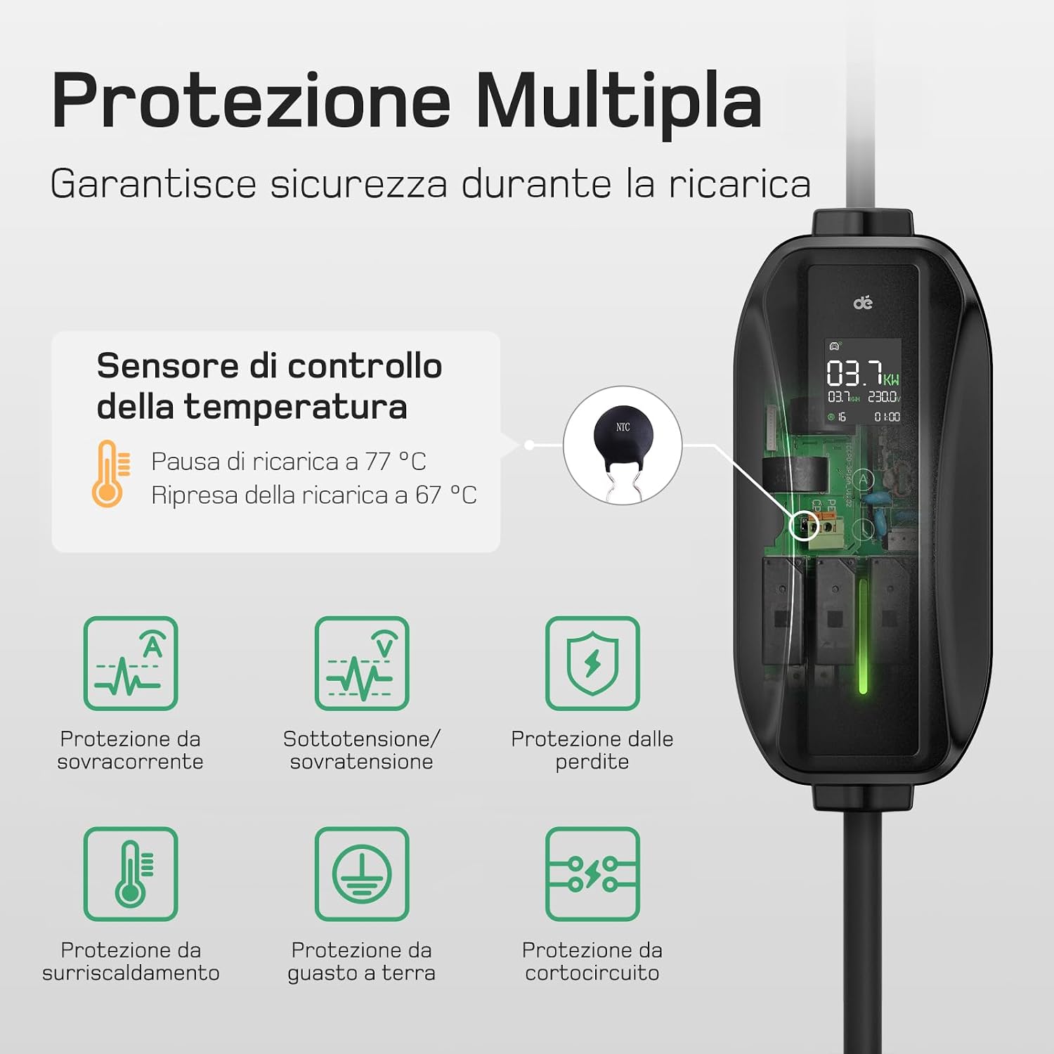 Thumbnail 2 de dé Cavo ricarica auto elettrica Tipo 2 Schuko 15 m 6–16A (3,7 kW) con LCD e supporto