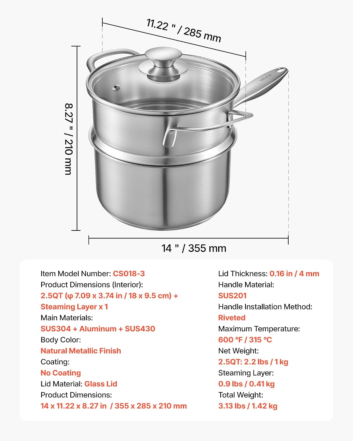 Thumbnail 6 de VEVOR Stainless Steel Saucepan 2.5 QT