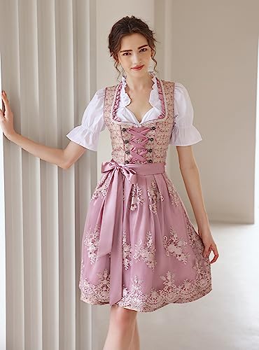 Detalle de EIISSION Dirndl Damen Midi Trachtenkleid inklusive Rock, Bluse und Schürze – Pink, Größe 36