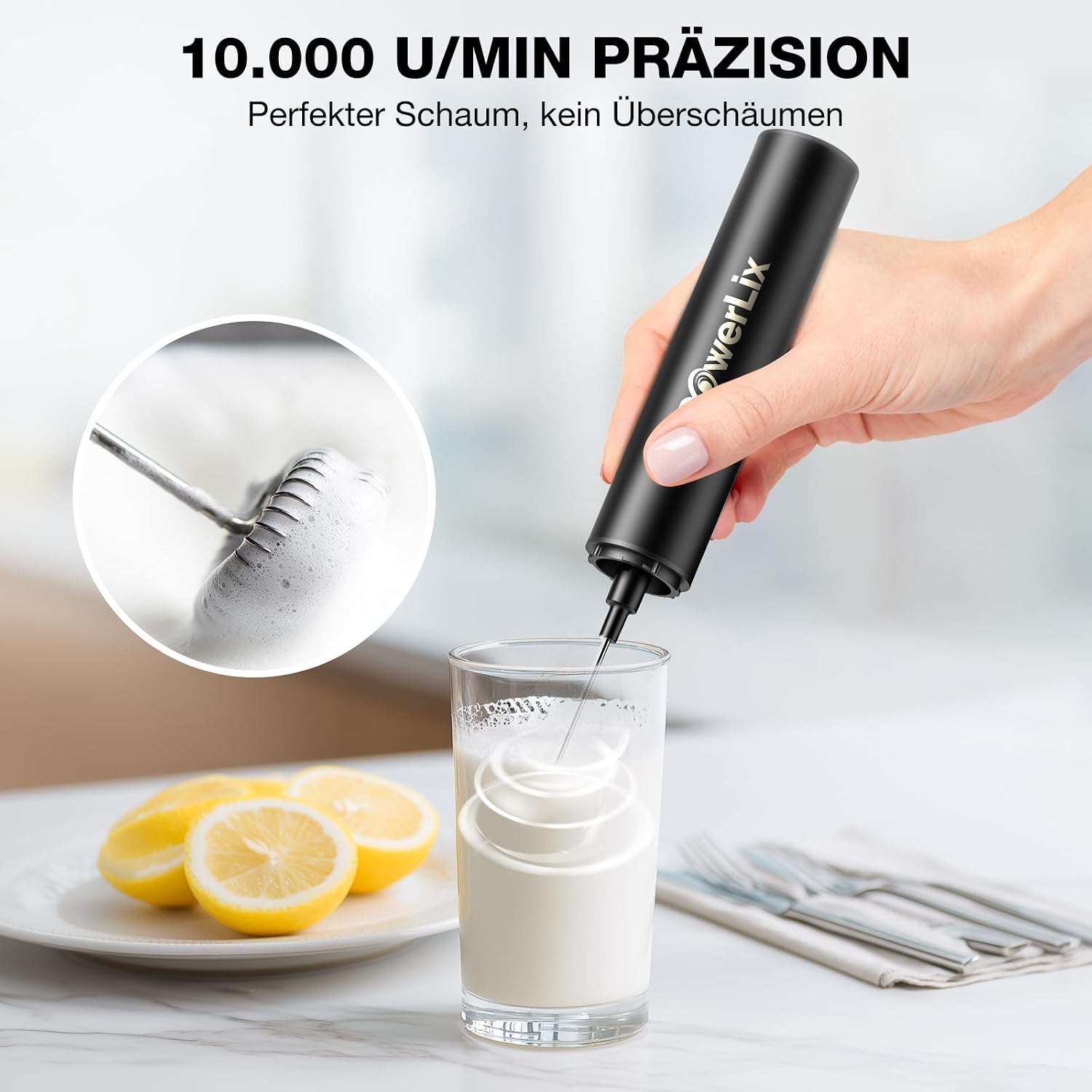 Detalle 2 de POWERLIX Pro 3-in-1 elektrischer Milchschäumer (handheld) mit USB-C Wiederaufladung