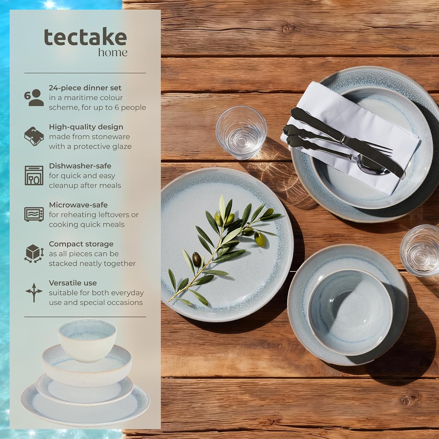 Detalle 2 de tectake Mare 406211 servisset i glaserat lergods, 24 delar för 6 personer