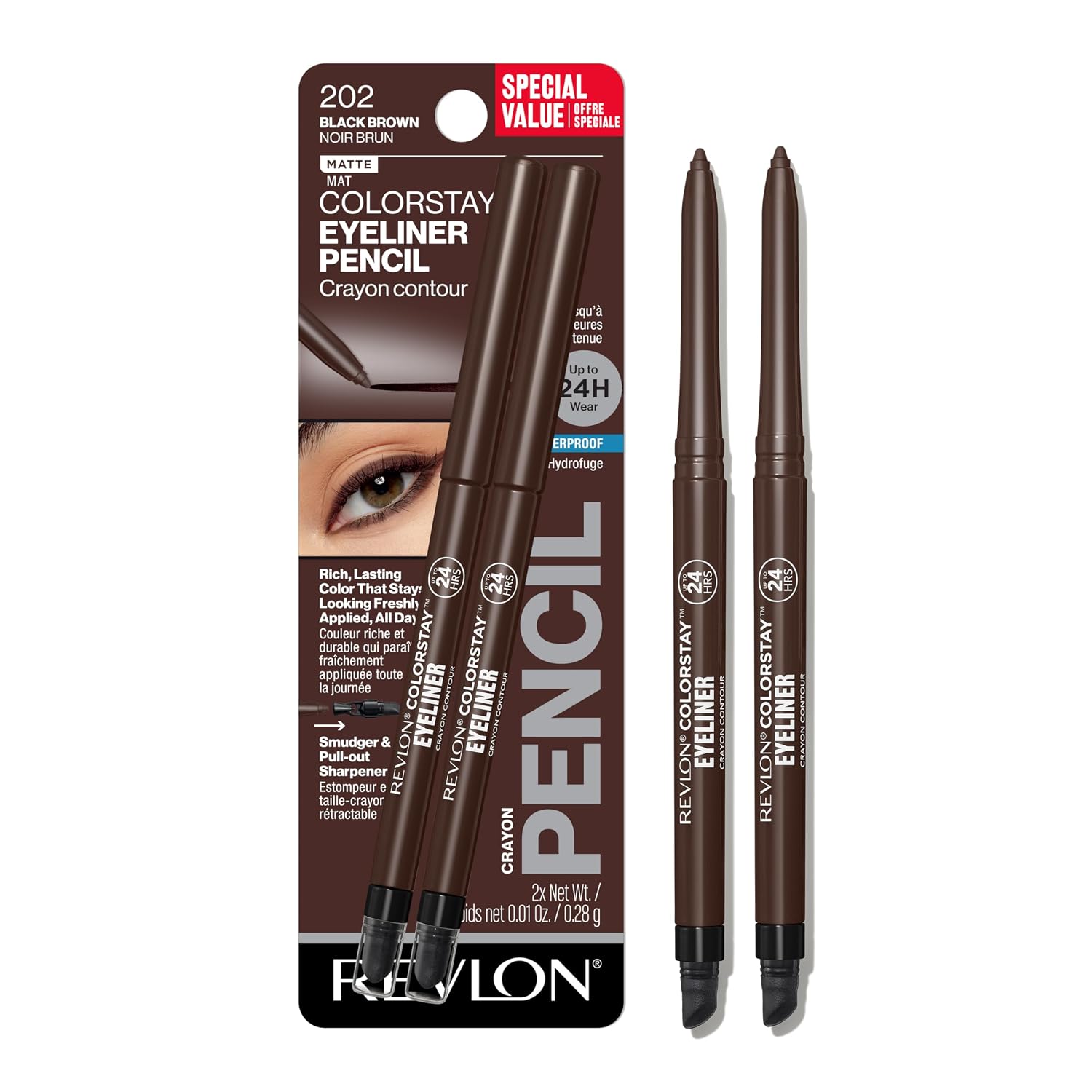 Detalle de Revlon HU-XI-201 ColorStay Waterproof Pencil Eyeliner, 202 Black Brown, 2-Pack