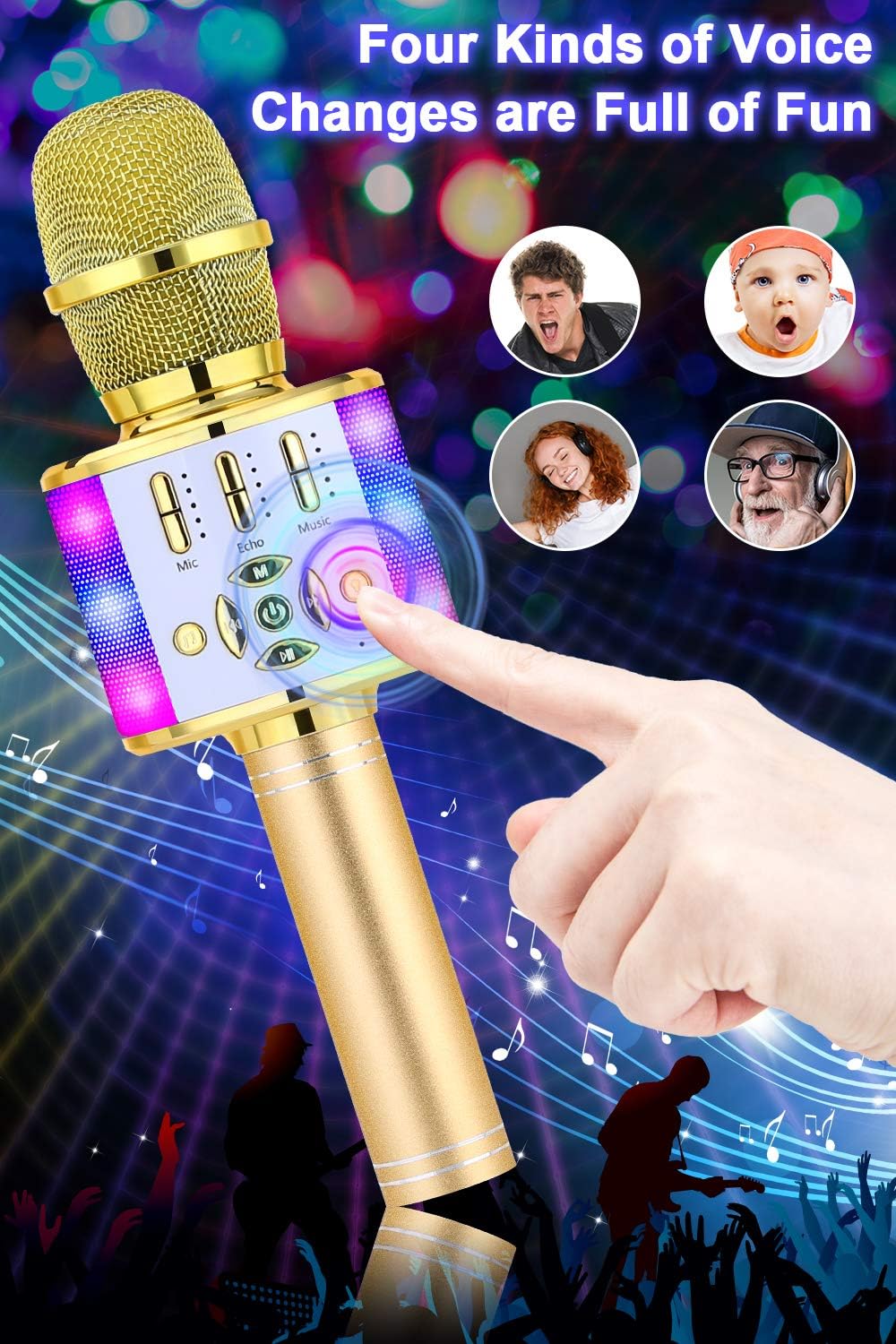 Detalle 2 de BONAOK Kabelloses Bluetooth-Mikrofon für Kinder & Karaoke (Gold) mit LED-Lichtern