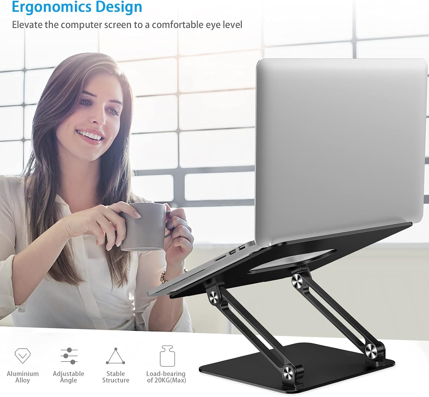 Detalle de BoYata Laptop-Ständer mit verstellbarem Winkel und Heat-Vent – Aluminium, kompatibel mit 10–17 Zoll Notebooks
