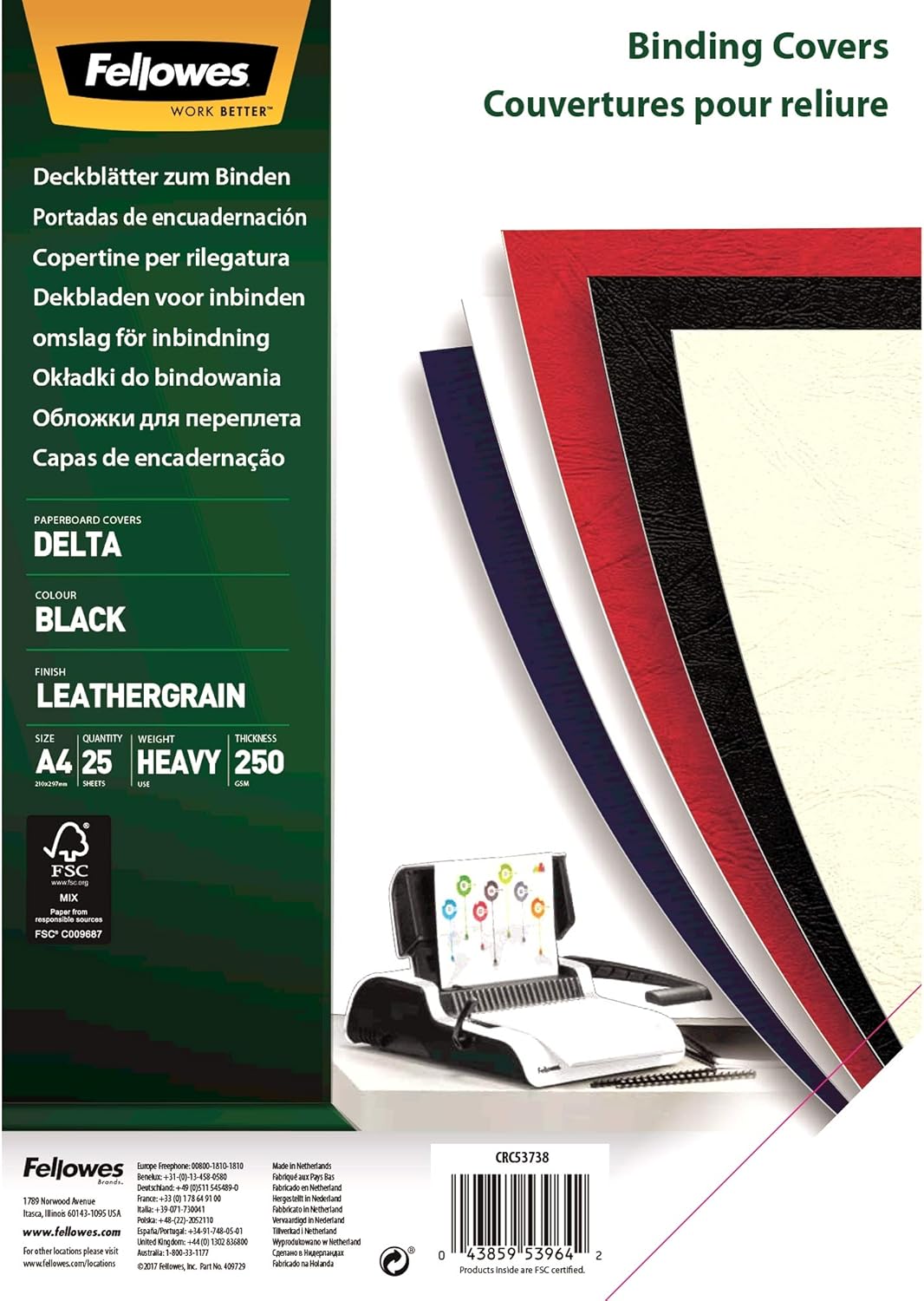 Detalle 2 de Fellowes Delta FSC Copertine Nero, 25 pezzi – copertine per rilegatrice robuste ed ecologiche