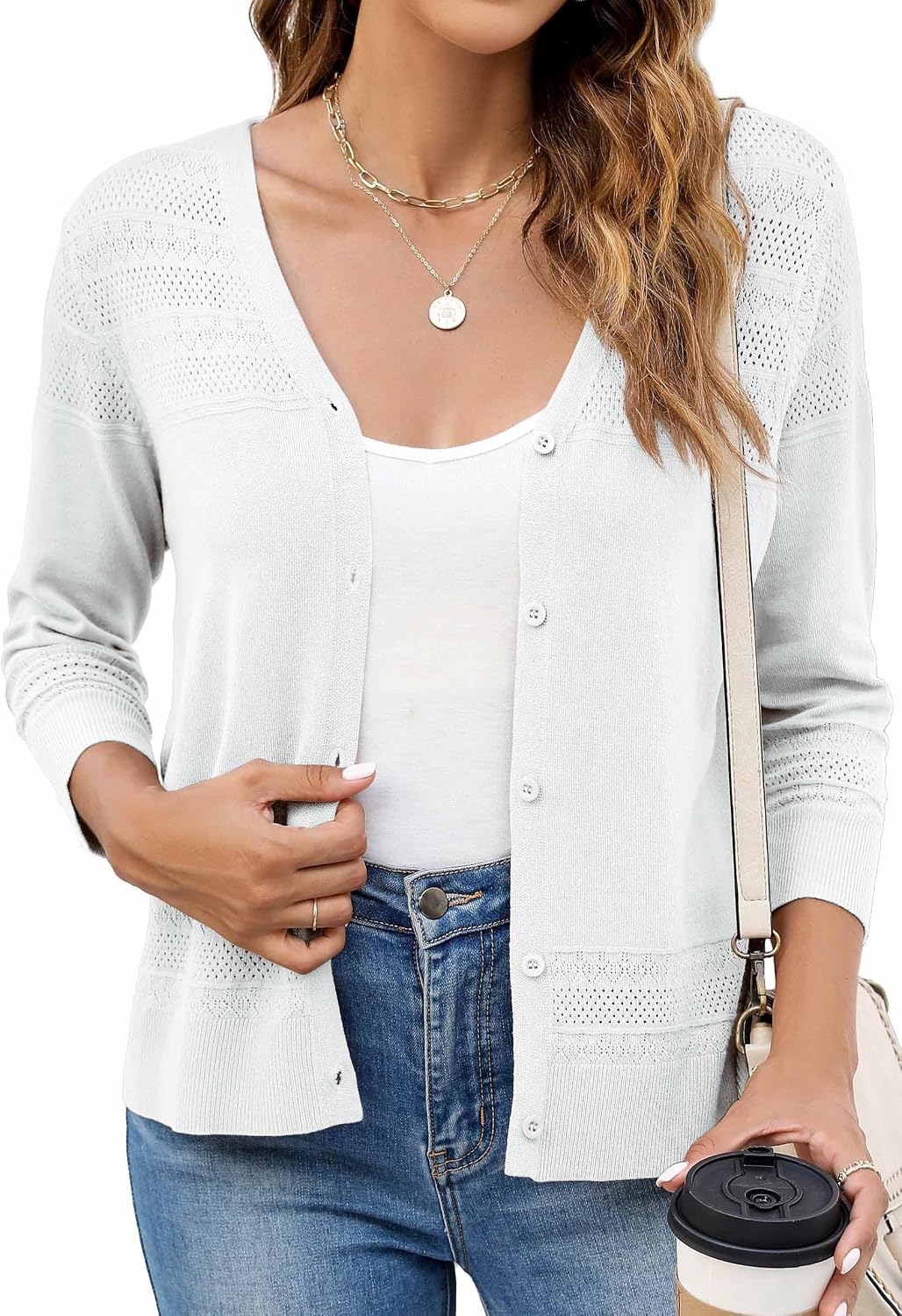 Detalle 2 de Neineiwu Strickjacke Damen V-Ausschnitt 3/4