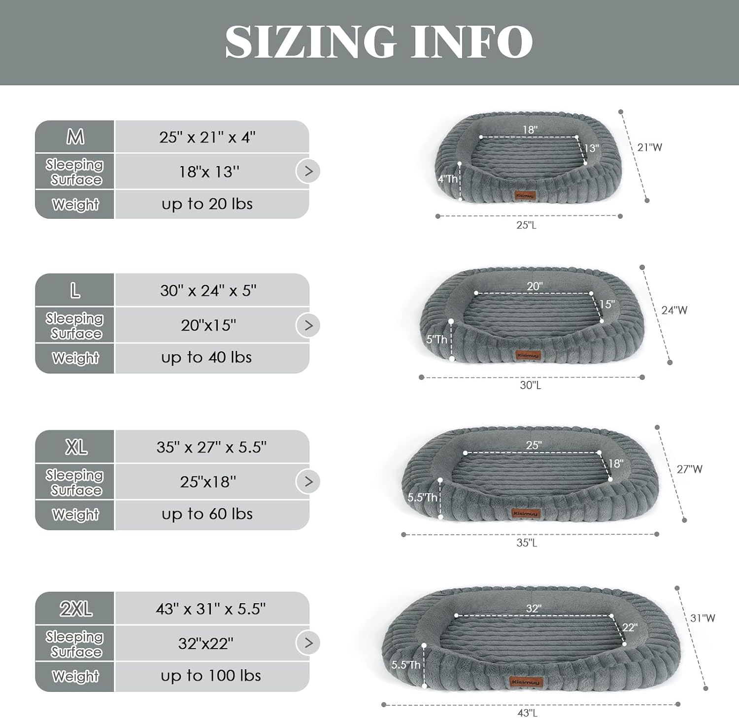 Detalle 1 de KISIMUY D26PB0002 Orthopedic Dog Bed, Memory Foam Bolster, 43 x 31 x 5.5 in