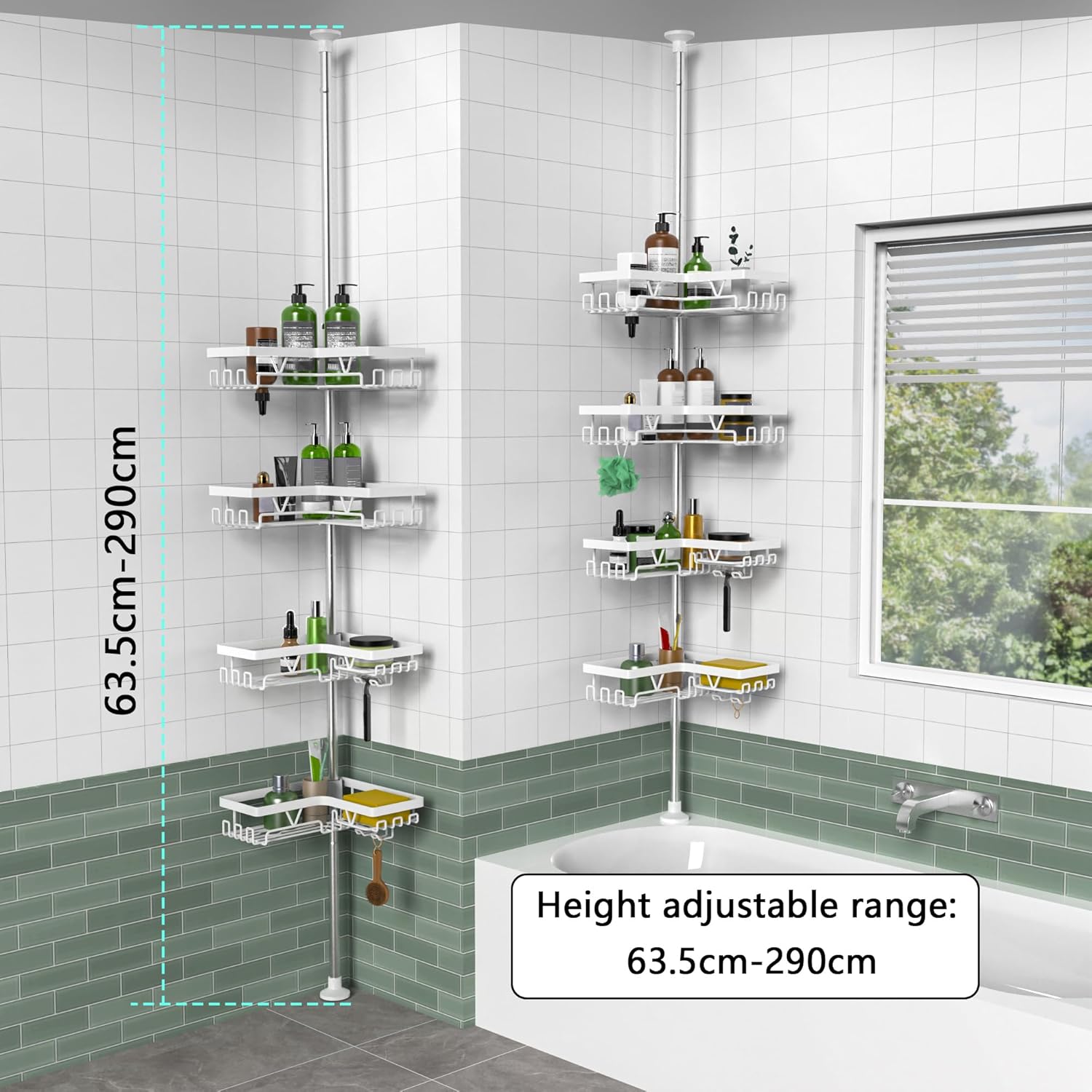 Thumbnail 5 de KEGII Telescopic Corner Shower Caddy (Stainless Steel) with Soap Holder, Hooks and No-Drill Tension Rod Shelf