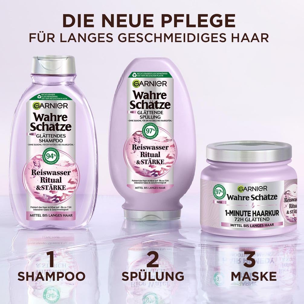 Detalle 2 de Garnier True Treasures Glättendes Haarpflegeset mit Reiswasser – Shampoo 250 ml, Conditioner 200 ml & 1-Minute Haarkur 340 ml (3-teilig)
