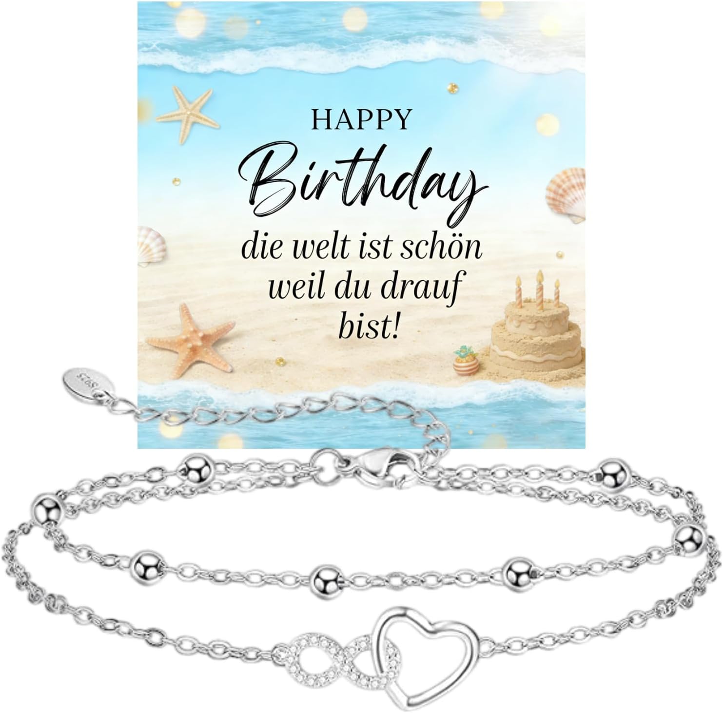 Jbniuay Fußkettchen für Damen 925 Sterling Silber – Infinity Herz, verstellbar 23+5 cm