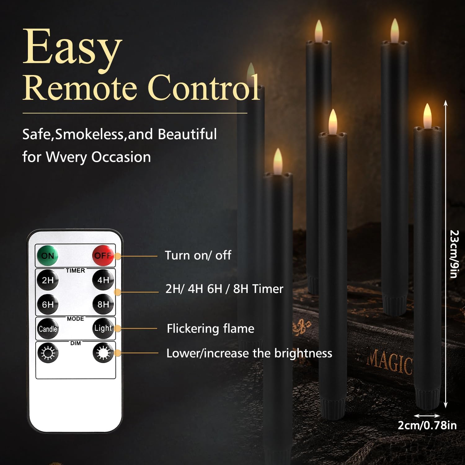 Detalle de TLNFHRPI RTY1023 Black Flameless Taper Candles, 24-Pack with Remote and Timer