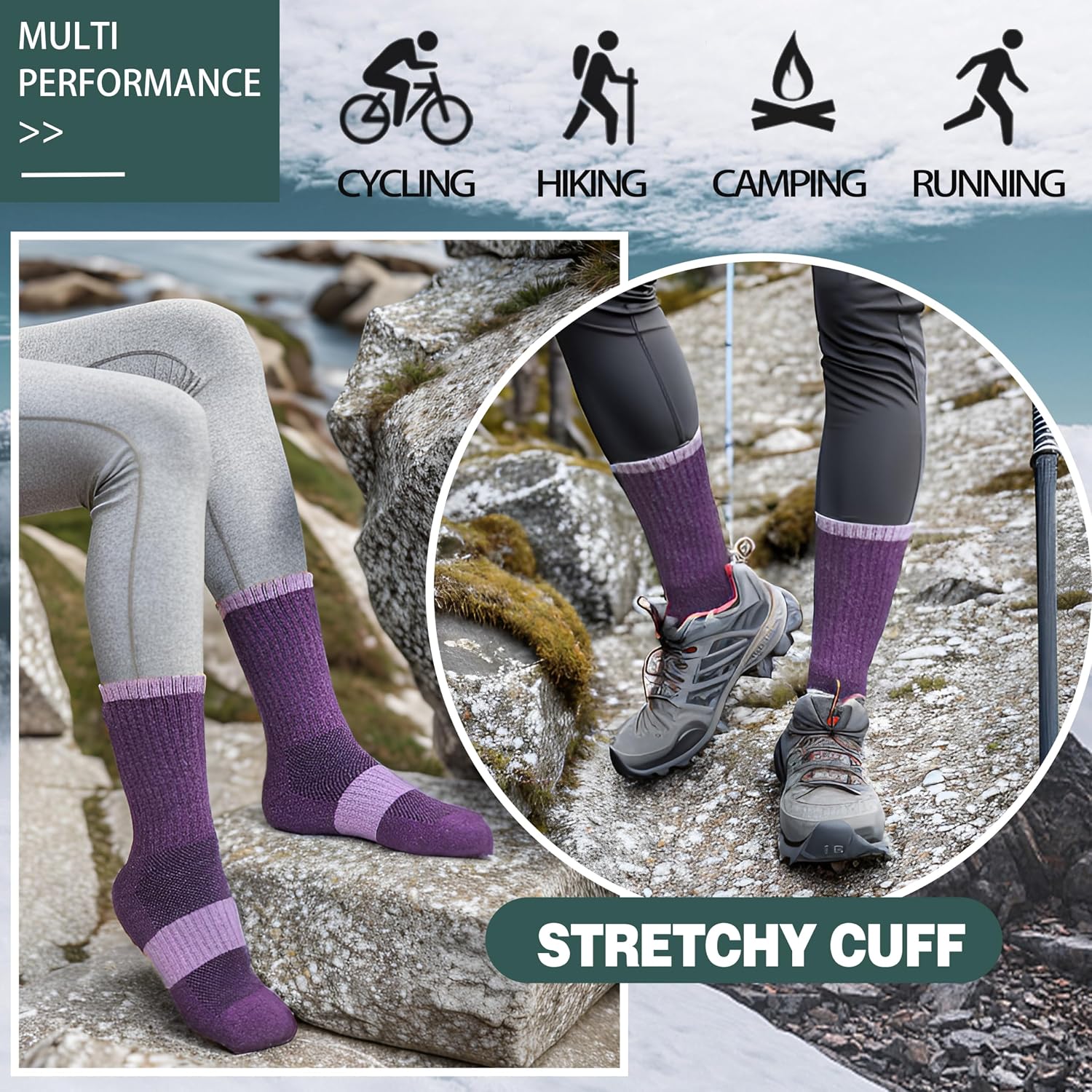 Detalle de Anlisim Merino Wool Crew Socks for Women, Hiking & Running, 5 Pairs