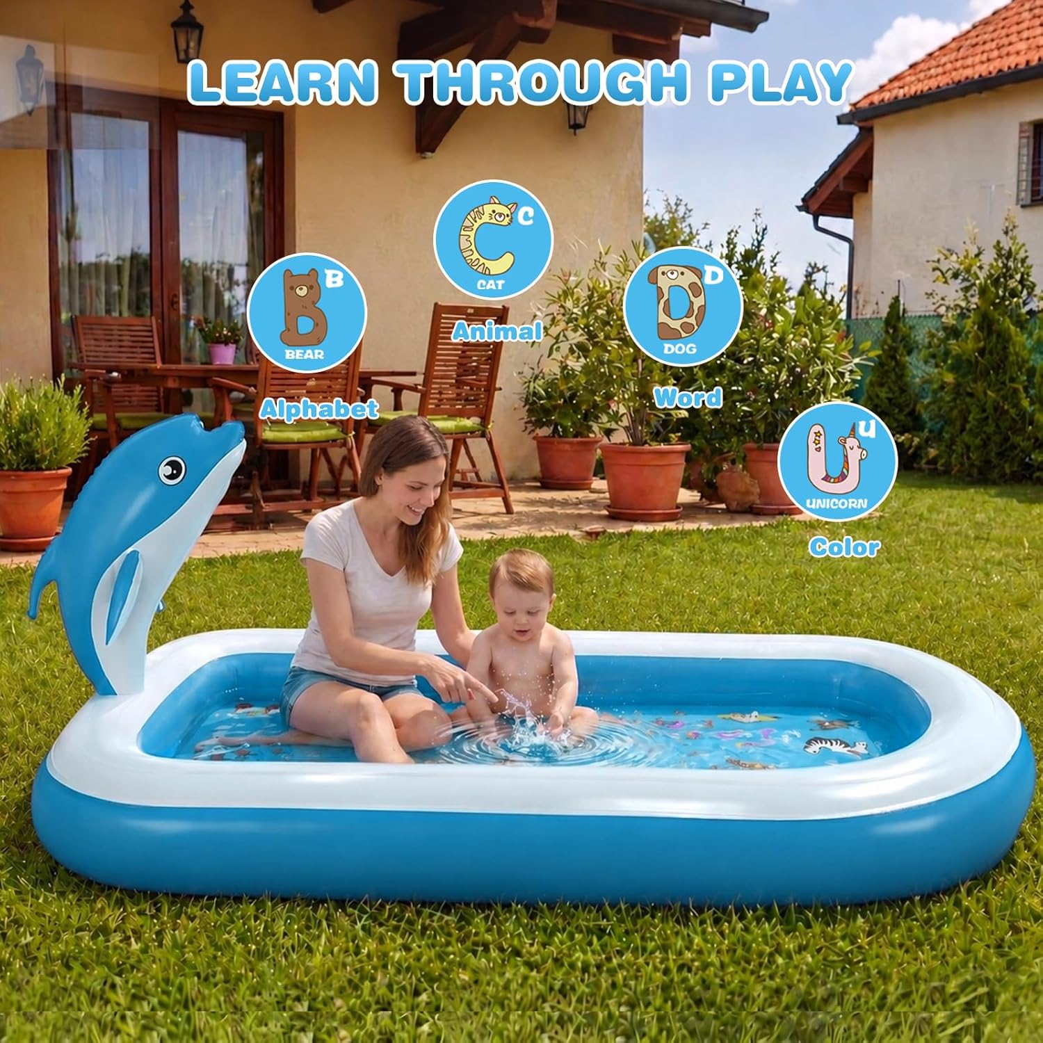 Thumbnail 4 de Splash Pads for Toddlers 1-3 Dolphin Sprinkler: 68" Backyard Inflatable Kiddie Pool