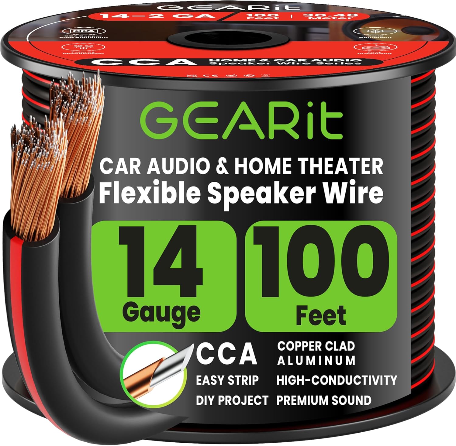 Detalle de GEARit 2x2.5mm² Speaker Cable (30.48 m / 100 ft) – CCA, 14 AWG with Foot Markers and Polarity Markings