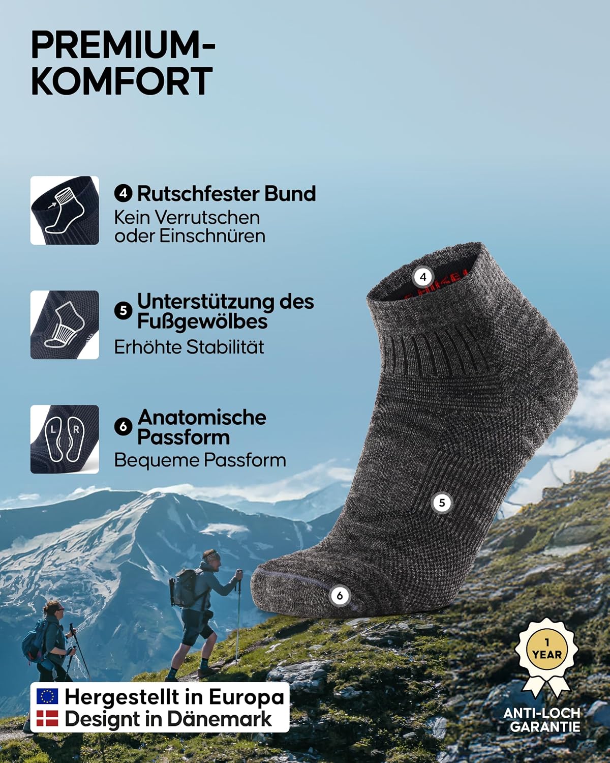Detalle de DANISH ENDURANCE Kurze Merinowolle Wandersocken – 3 Paar