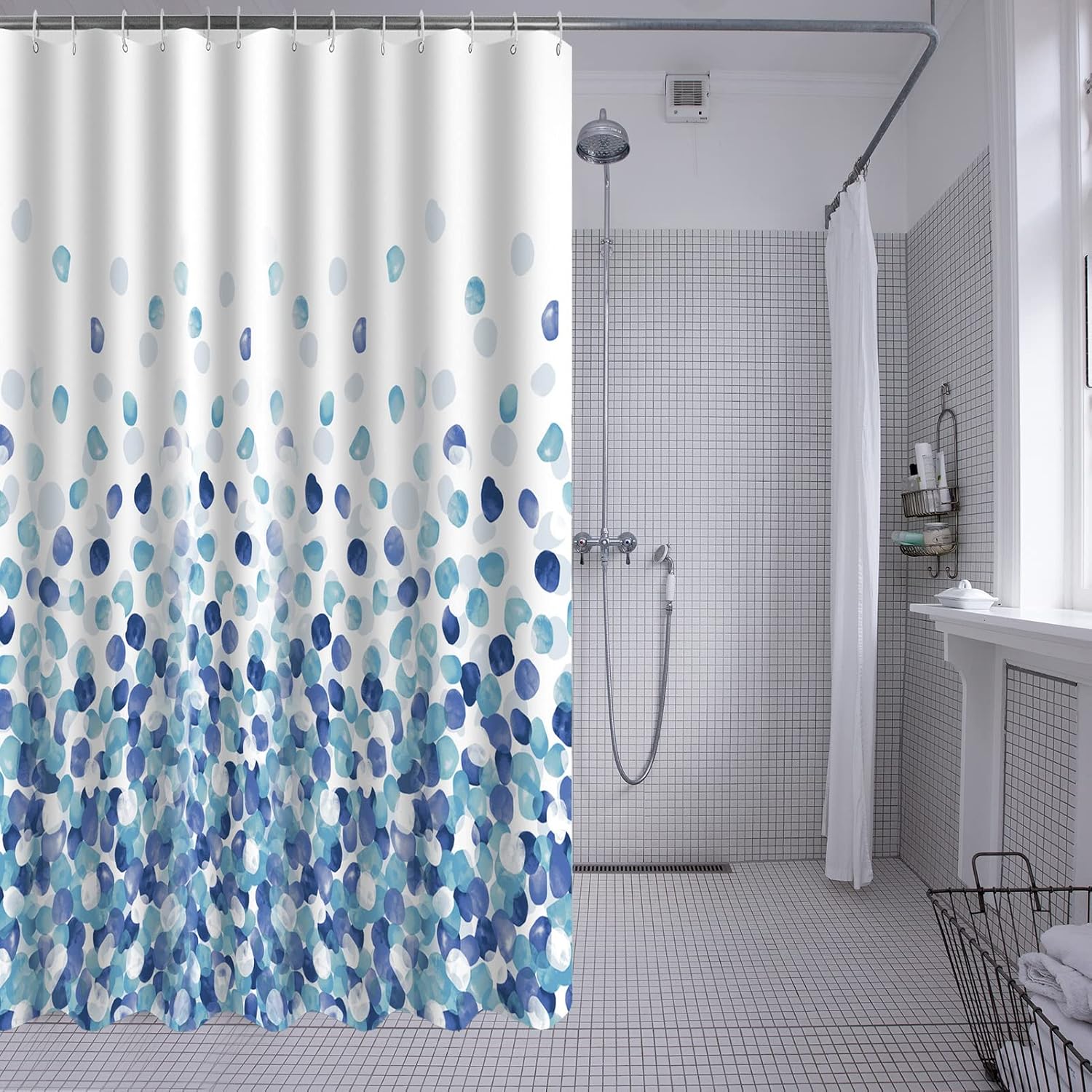 Thumbnail 6 de Rideau de douche HANFU en polyester 180x200 cm à motif bulles bleu, lavable en machine avec 12 crochets