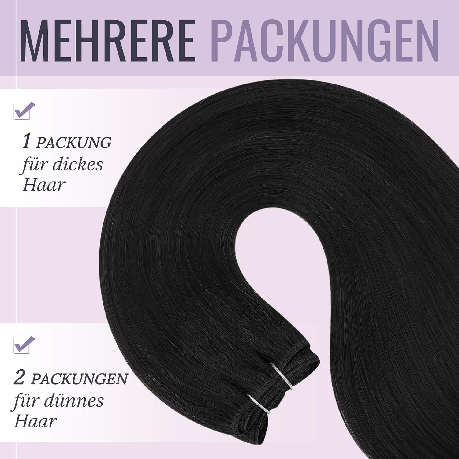 Detalle 2 de Fshine Echthaar-Haarverlängerung als Tressen (60 cm, 100 g) in Pechschwarz zum Einnähen