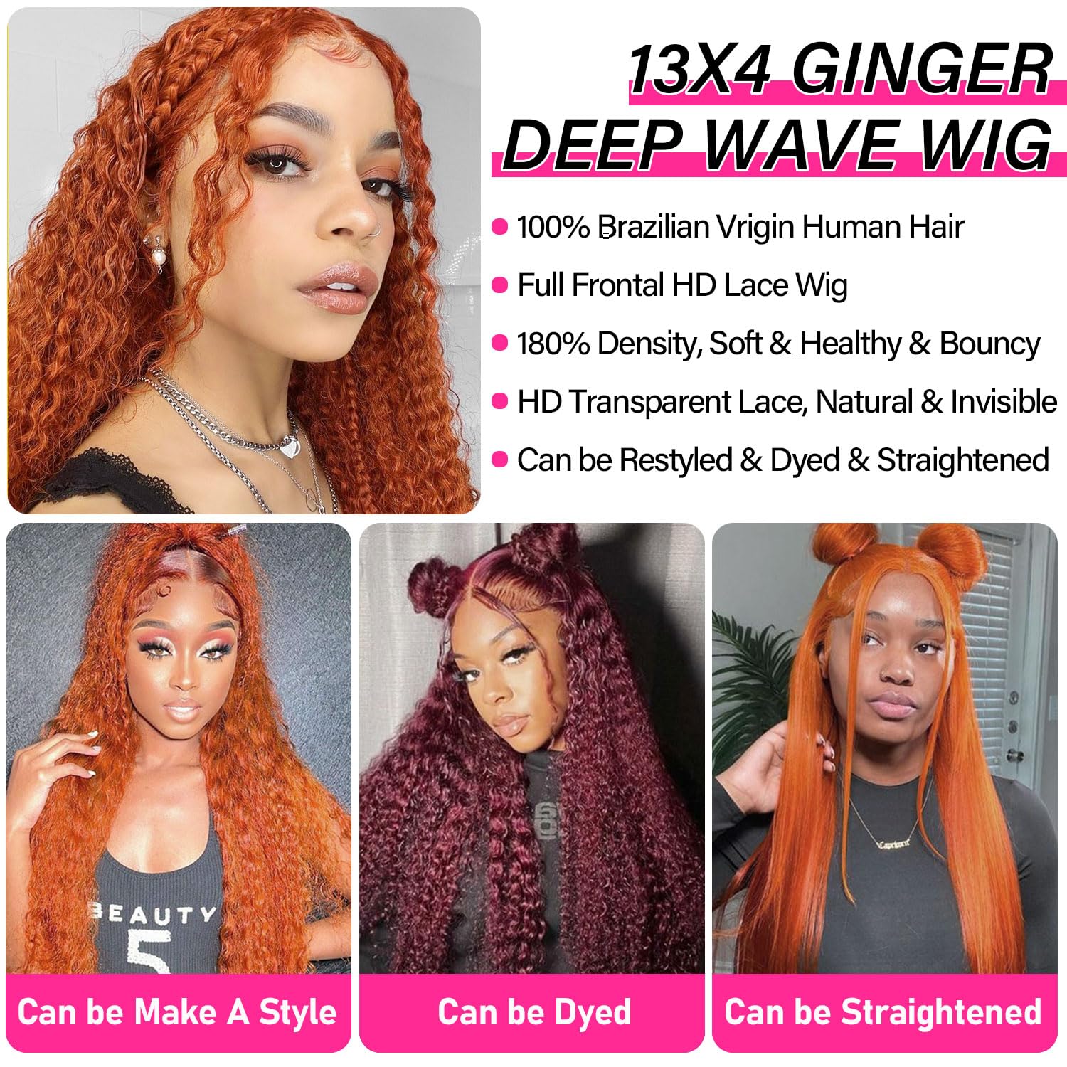 Detalle de 30 Inch Ginger Lace Front Wig (13x4 HD Deep Wave) with Human Hair, 180% Density — Burnt Orange Wet Wavy Curly Wig