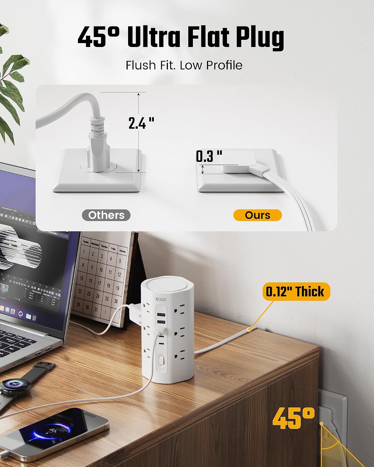 Detalle 2 de Tower Power Strip: 17-in-1 Surge Protected Desk Charging Tower with 12 AC Outlets and 5 USB Ports (2 USB-C)