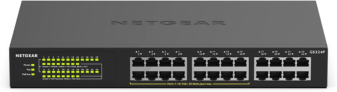 Detalle de NETGEAR GS324P 24-Port Gigabit PoE+ Switch (16× PoE+, 190 W, Plug-and-Play) für Desktop oder 19-Zoll Rack