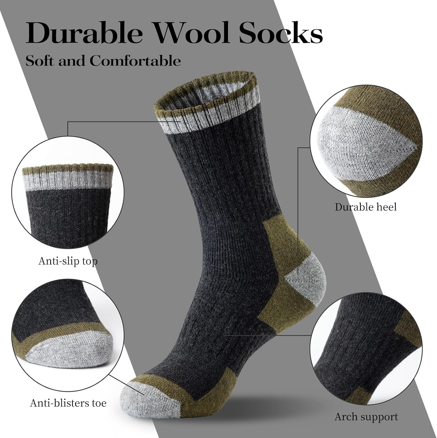 Detalle 2 de SIMIYA Merino Wool Hiking Socks, 5 Pairs, Thick Cushioned, Size 7-15