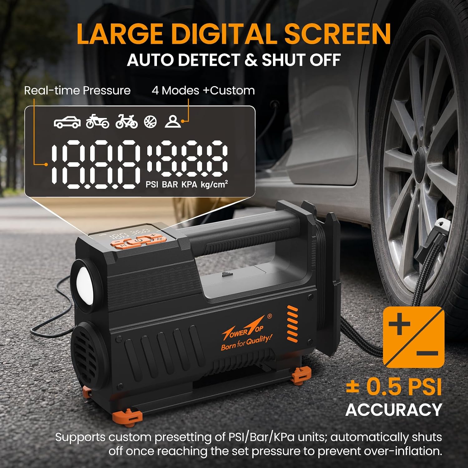 Thumbnail 4 de TowerTop Tyre Inflator Air Compressor: 5X Faster, 12V Car Tyre Pump with Auto-Stop, LED Torch and Memory