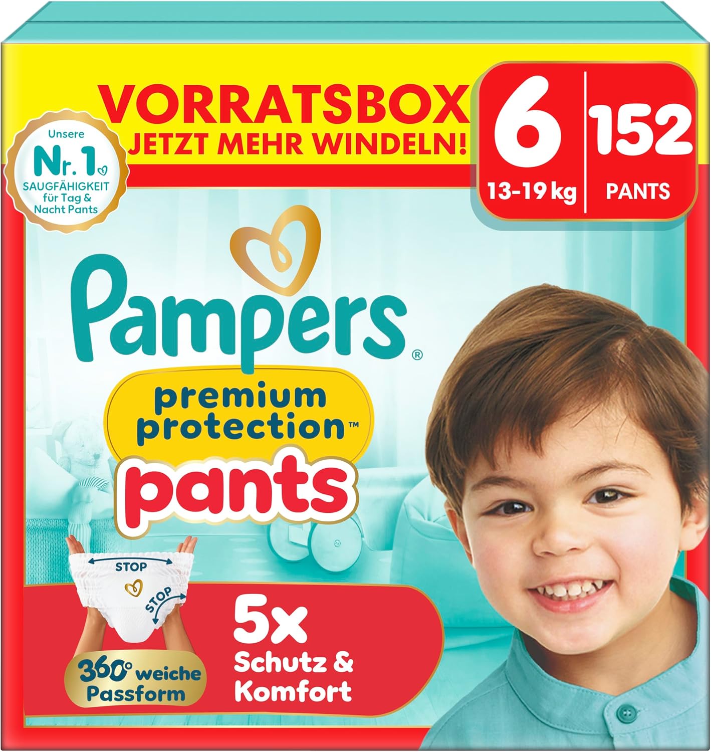 Detalle de Pampers Premium Protection Pants Größe 6 – 152 Windeln (13 kg–19 kg) mit 360° Passform