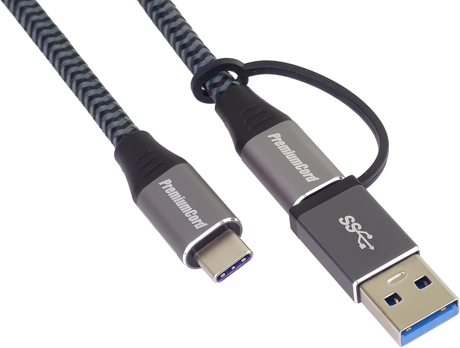 Detalle de PremiumCord USB-C 3.2 Gen 2x2 Verbindungskabel (2 m) – USB-C zu USB-C + USB-A, 20 Gbit/s, 100 W, PD/QC