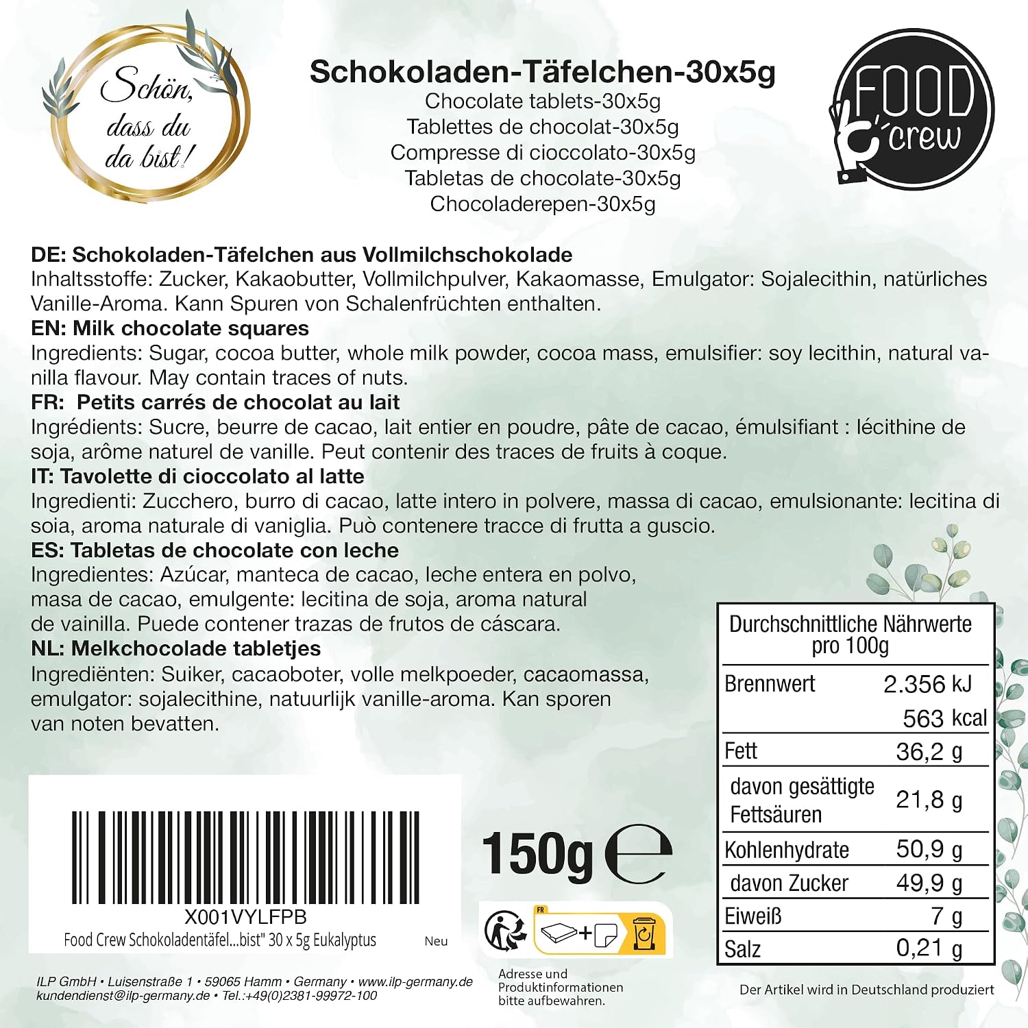 Thumbnail 1 de FOOD crew Schön dass du da bist Schokolade mini – ca. 30 Stück je 5 g, 150 g, Edel-Vollmilch