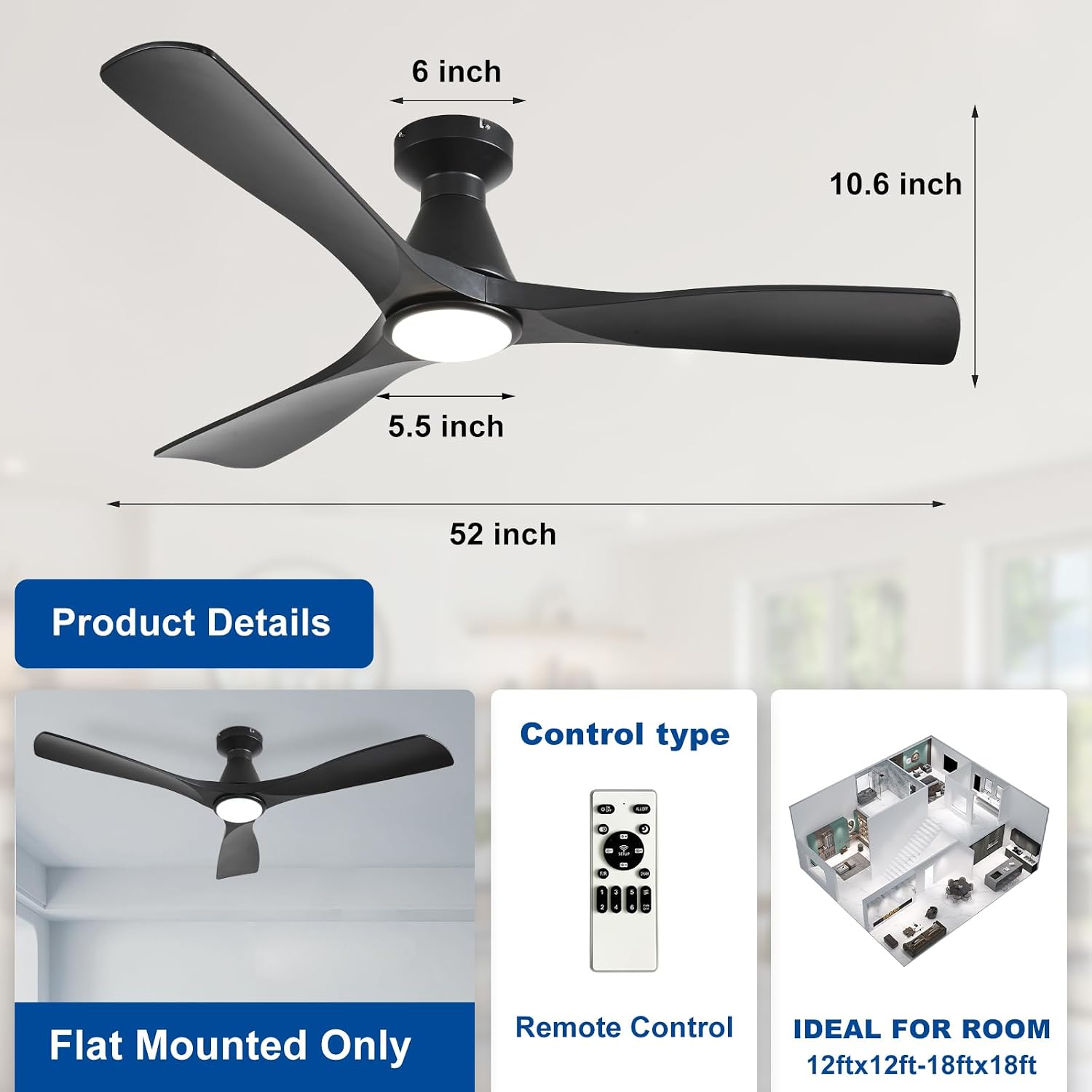 Detalle 2 de Depuley 52-Inch Flush Mount Ceiling Fan with Lights — Black 3-Blade, DC Motor, Remote