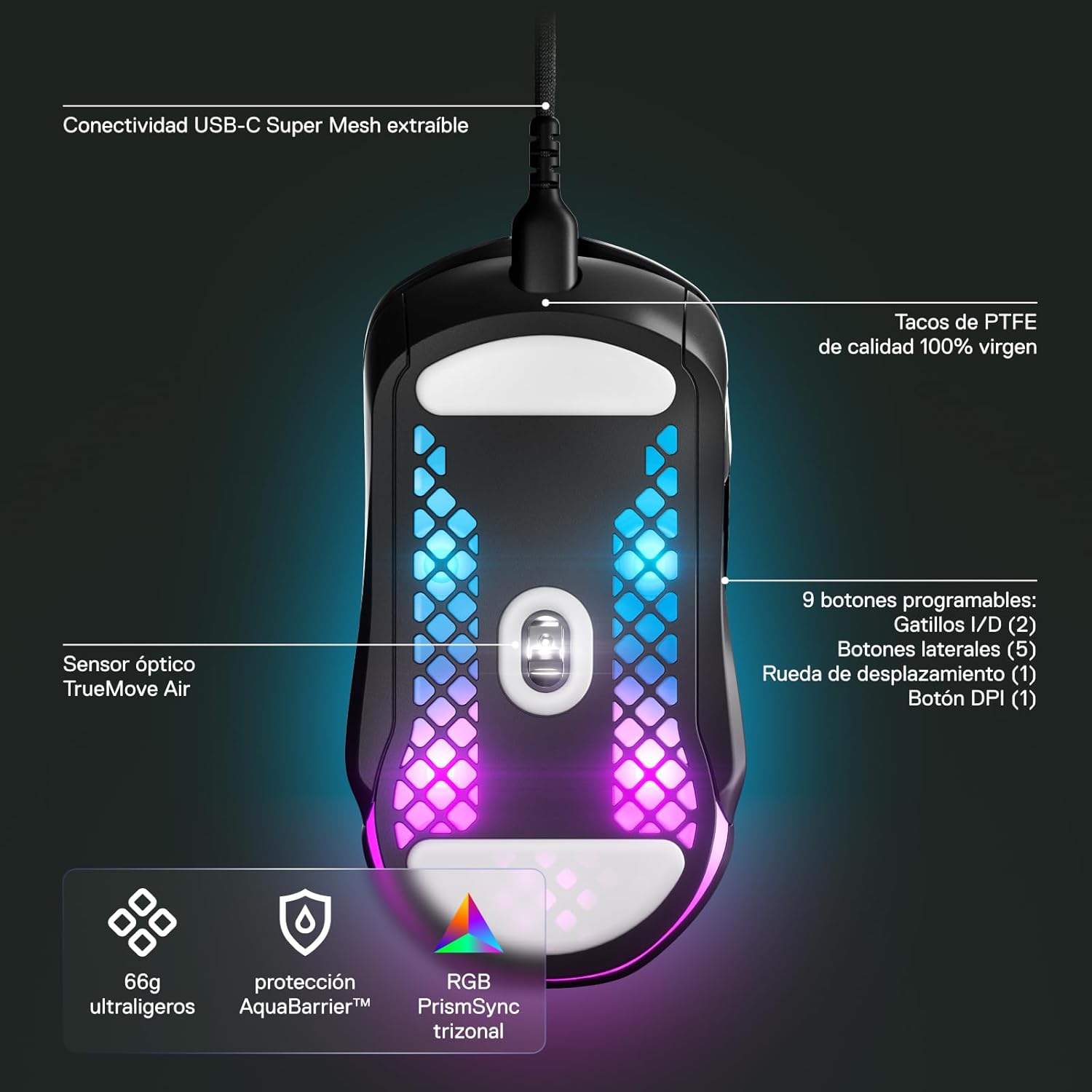 Thumbnail 3 de SteelSeries Aerox 5 Holey RGB Gaming Mouse (Ultra-light, IP54 water-resistant, TrueMove Air optical sensor)