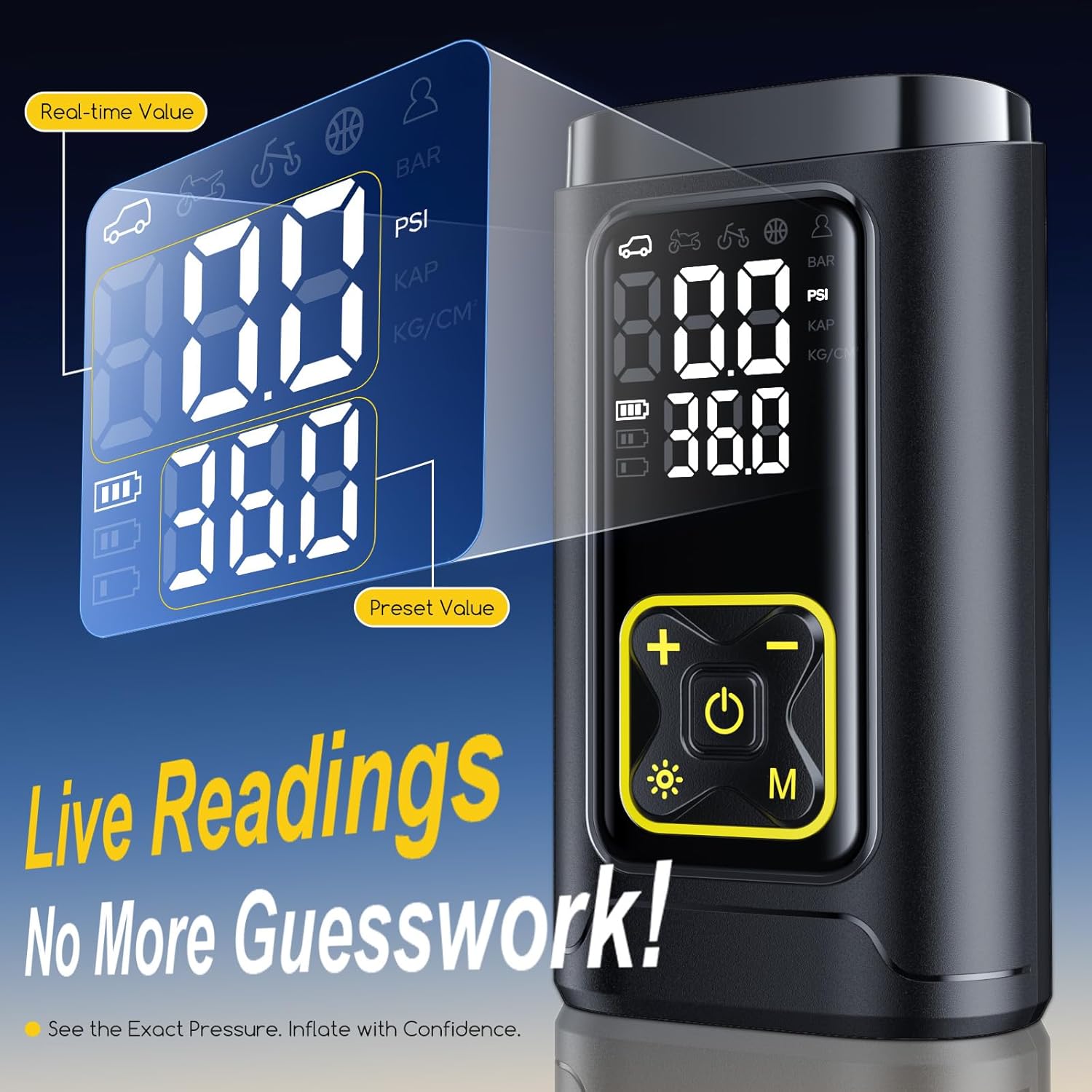 Detalle de Philoent Portable Tire Inflator (150PSI) with Digital Gauge, LED Light, and Auto Shut-Off