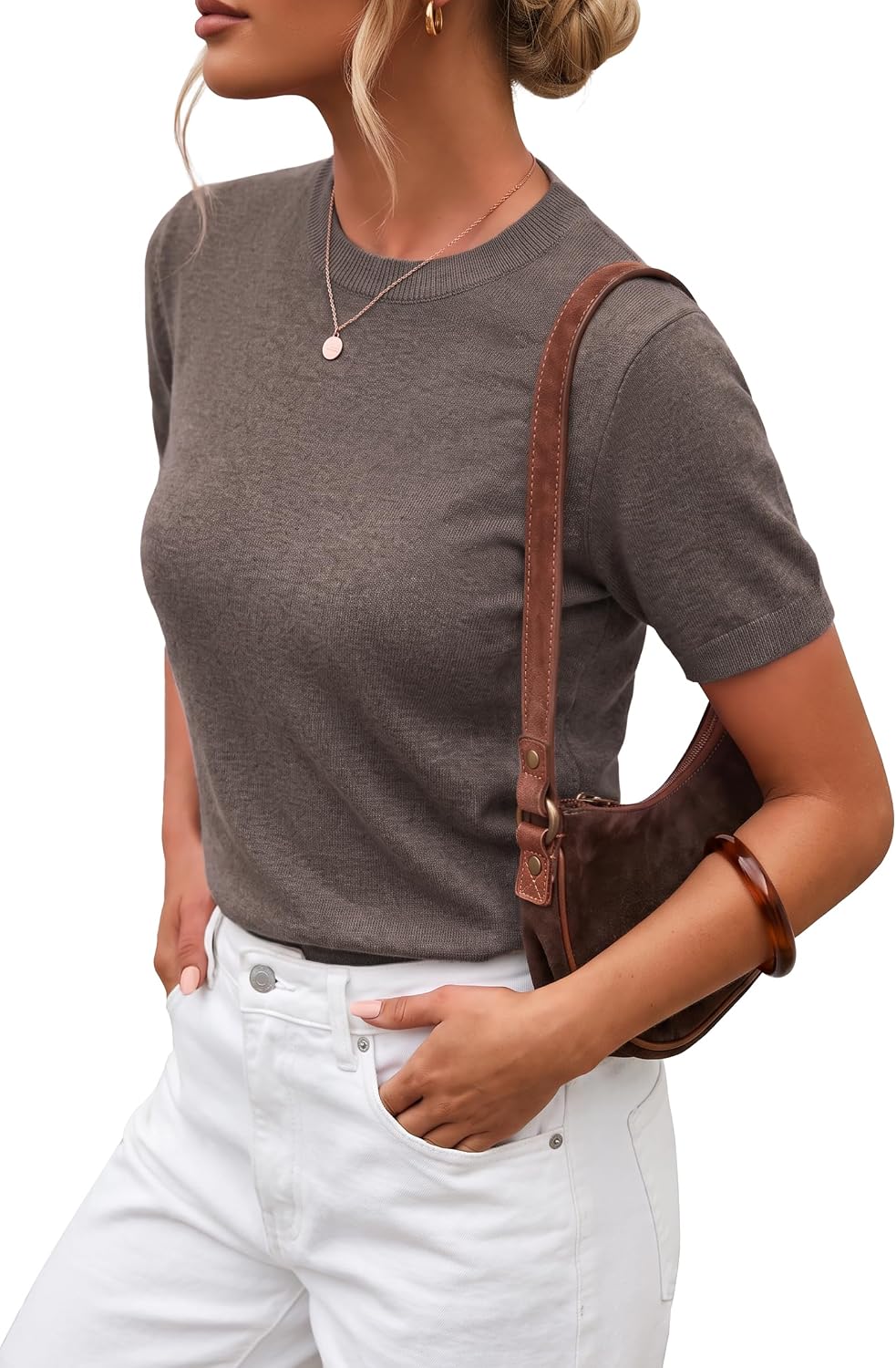 Detalle de Arach&Cloz Women's Wool-Blend Short-Sleeve Sweater, Crew Neck, Lightweight