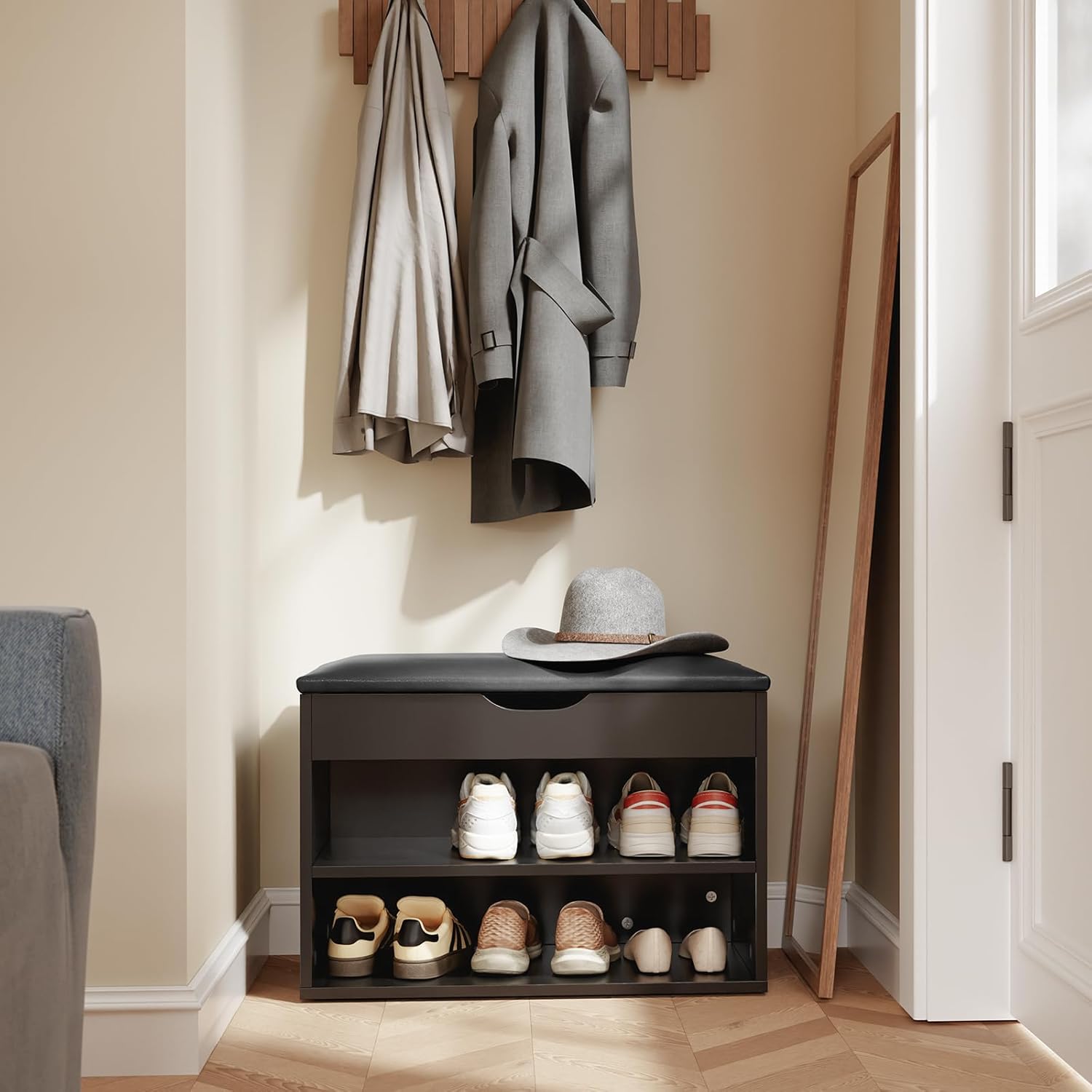 Detalle de SoBuy Banc Chaussures Entrée FSR25-SCH – Banc de rangement 3 en 1, 60 × 30 × 43 cm, noir