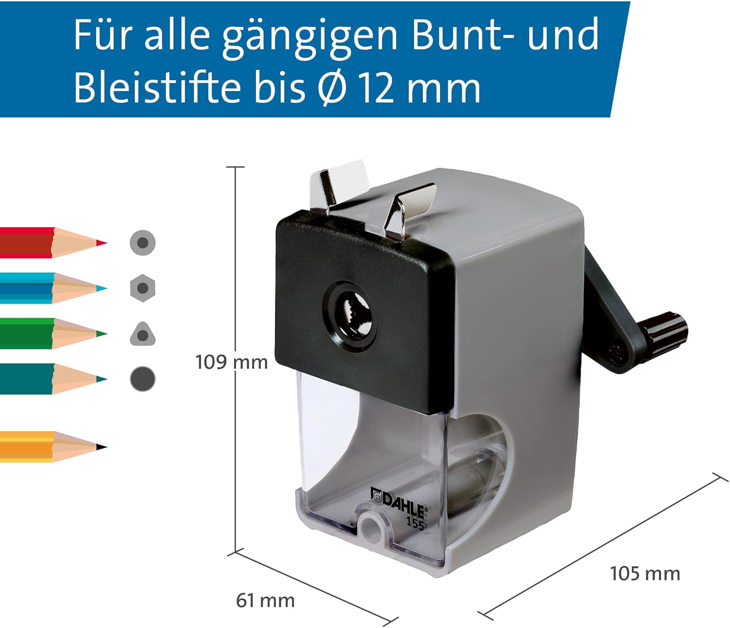 Detalle 2 de Dahle 00155-17496 Bleistiftspitzmaschine 155 mit Zwinge, 12 mm, smart grey