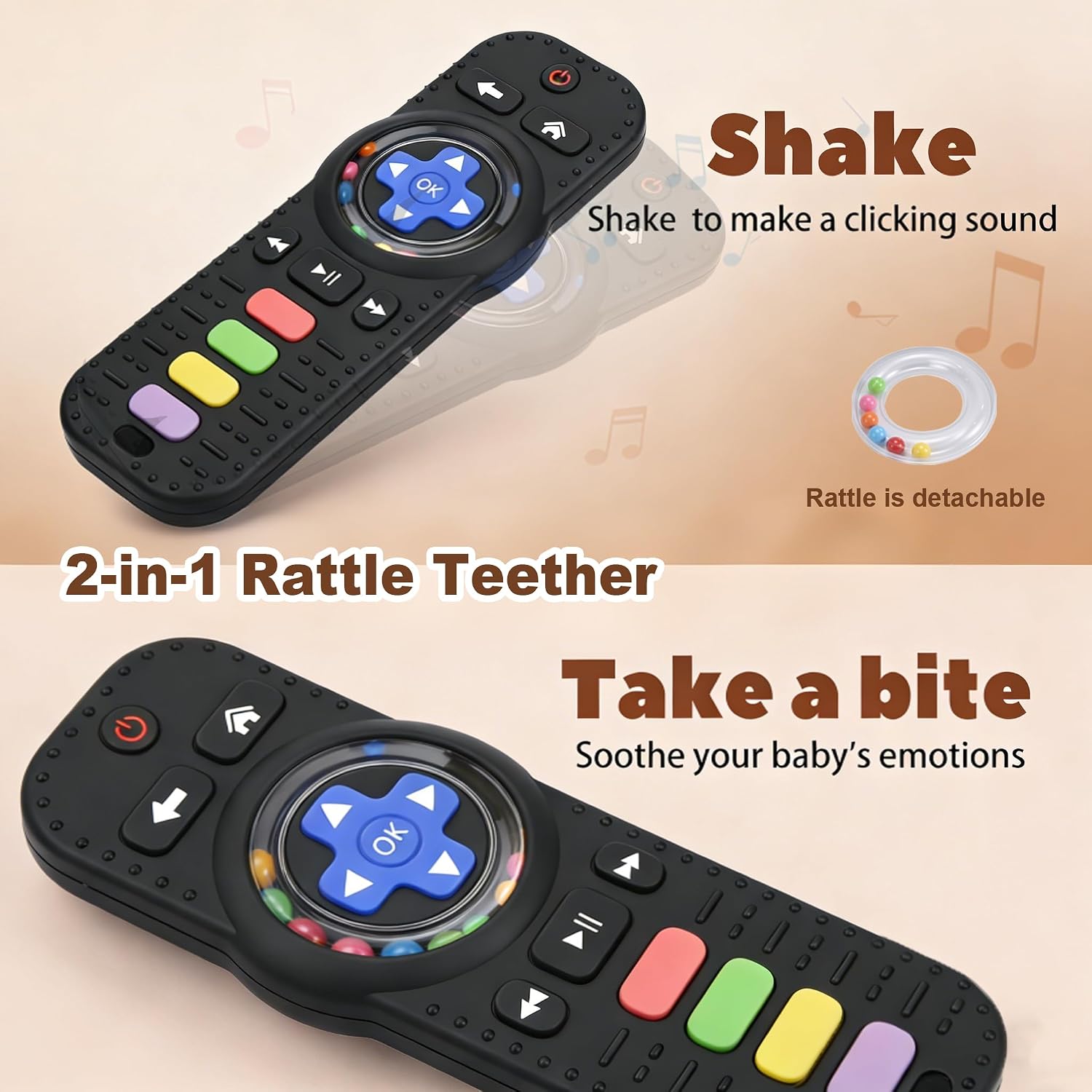 Detalle de HAILI TV Remote Control Baby Teether with Silicone Texture and Rattle, Black