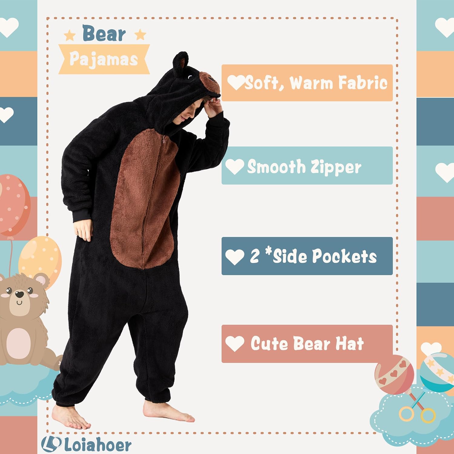 Detalle 1 de Loiahoer Bear Onesie Pajamas, Hooded Zipper Costume in Shu Velveteen