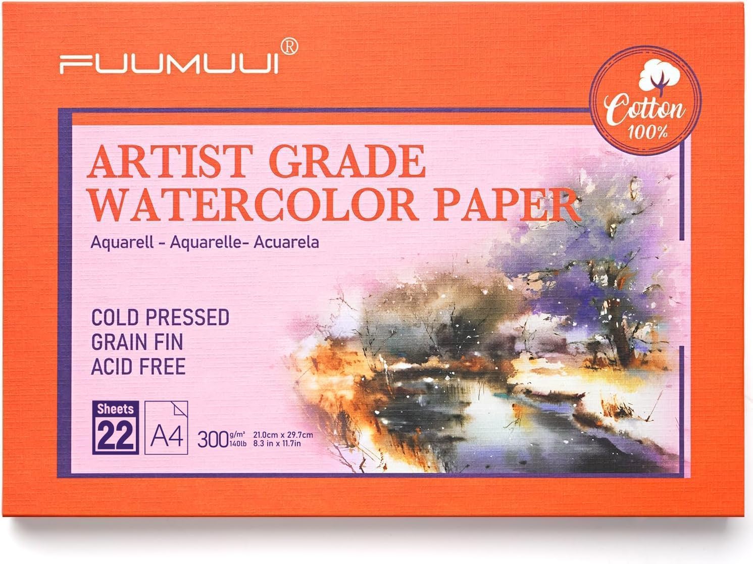 Detalle de Fuumuui 100% cotton watercolour paper block (Upgraded Version) – 22 A4 cold pressed sheets, 140lb/300gsm