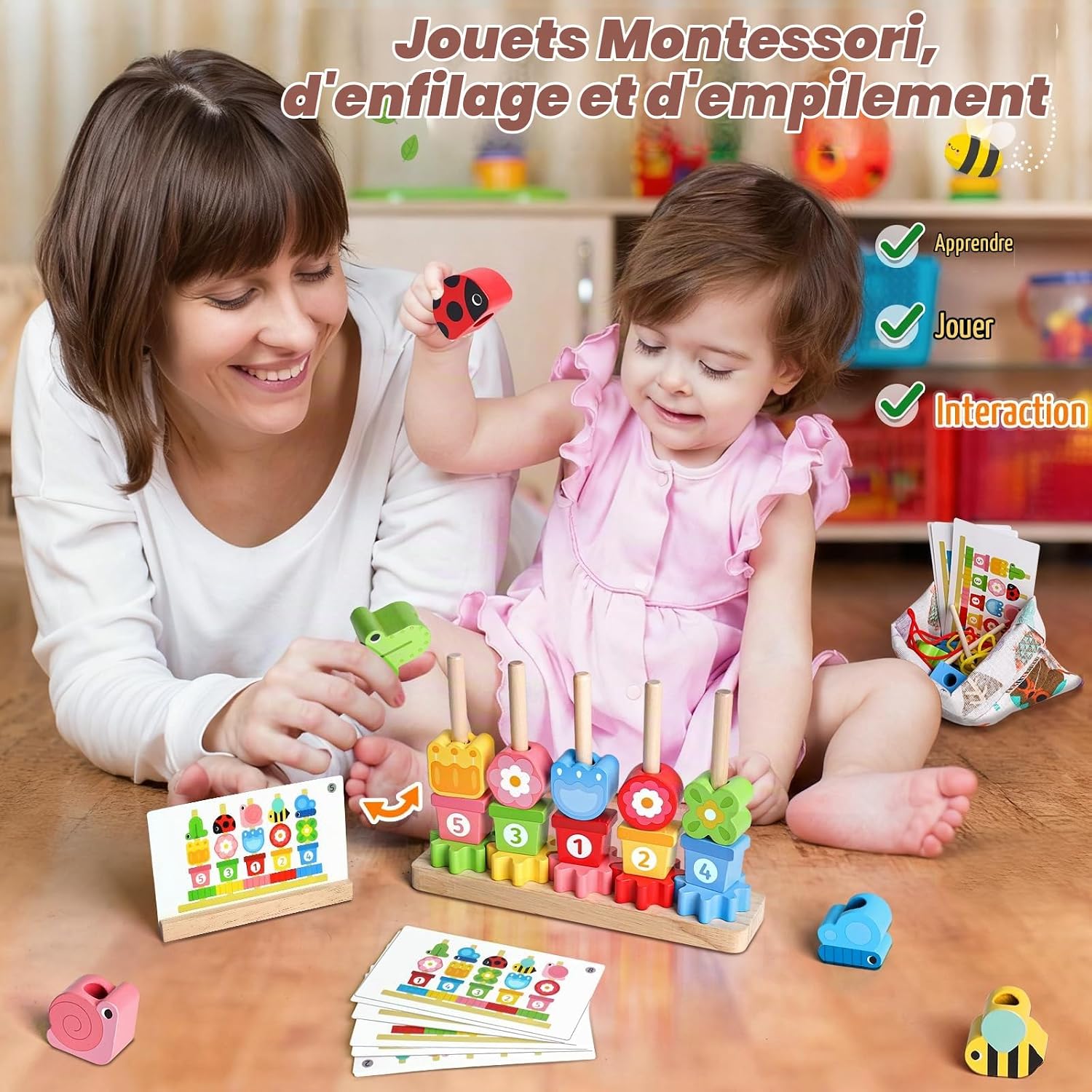 Detalle de WhizWinks KH0138 houten Montessori-kralenset met 20 kralen en patroonkaarten