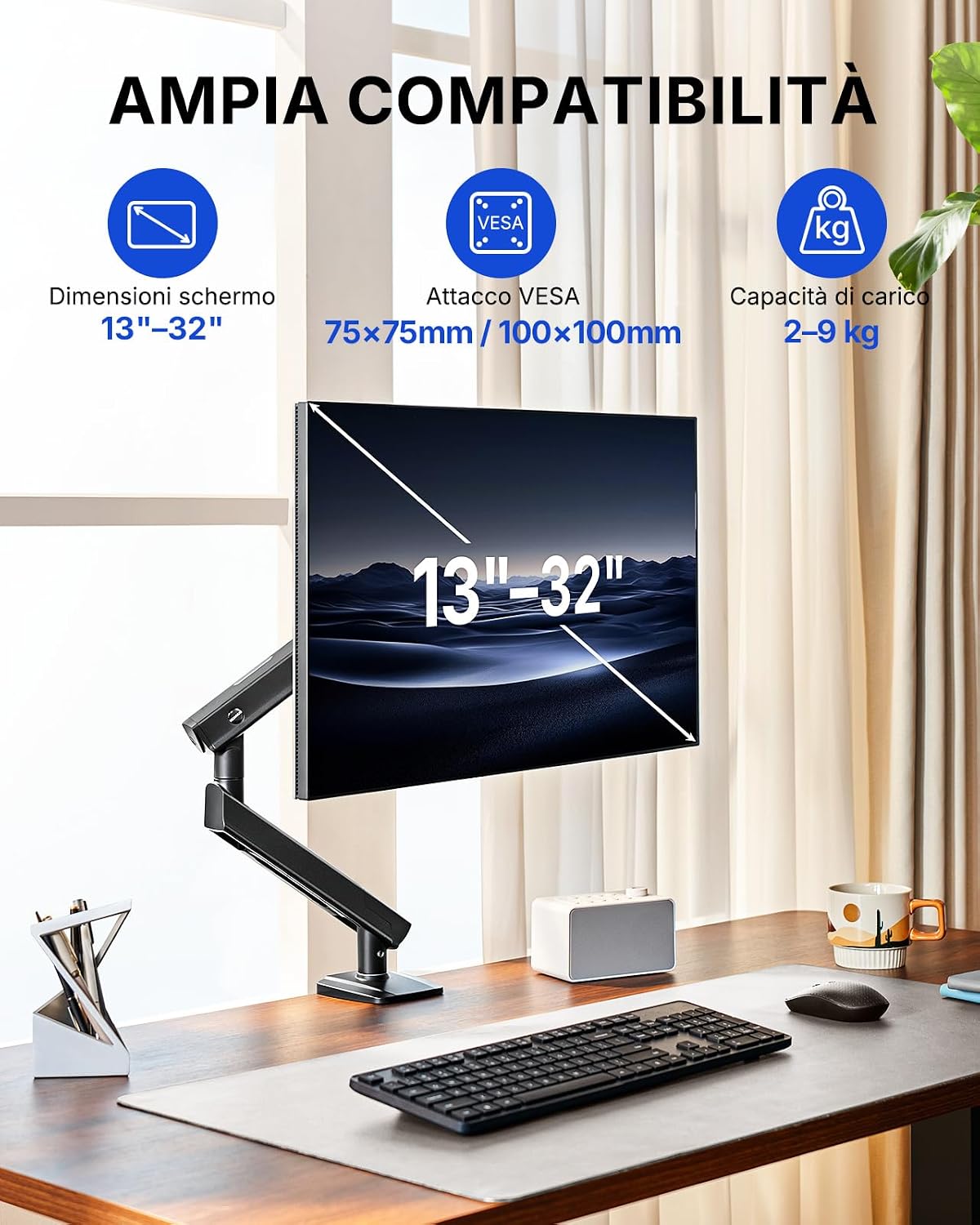 Detalle 2 de HUANUO Supporto Monitor 13–32” con Braccio MechaSpring – Montaggio VESA senza attrezzi e base con morsetto