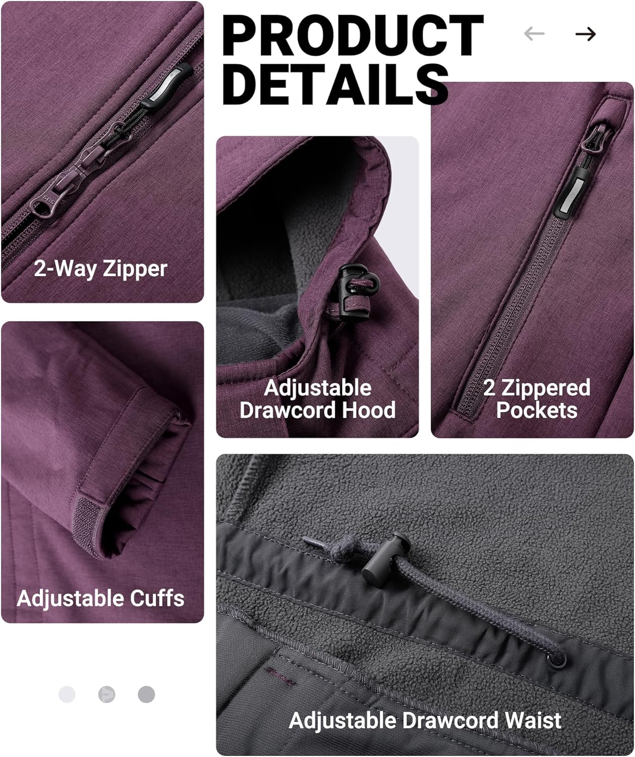Detalle de Outdoor Ventures Damen Softshell Lange Jacke mit Kapuze – Fleece gefüttert, wind- und wasserdicht