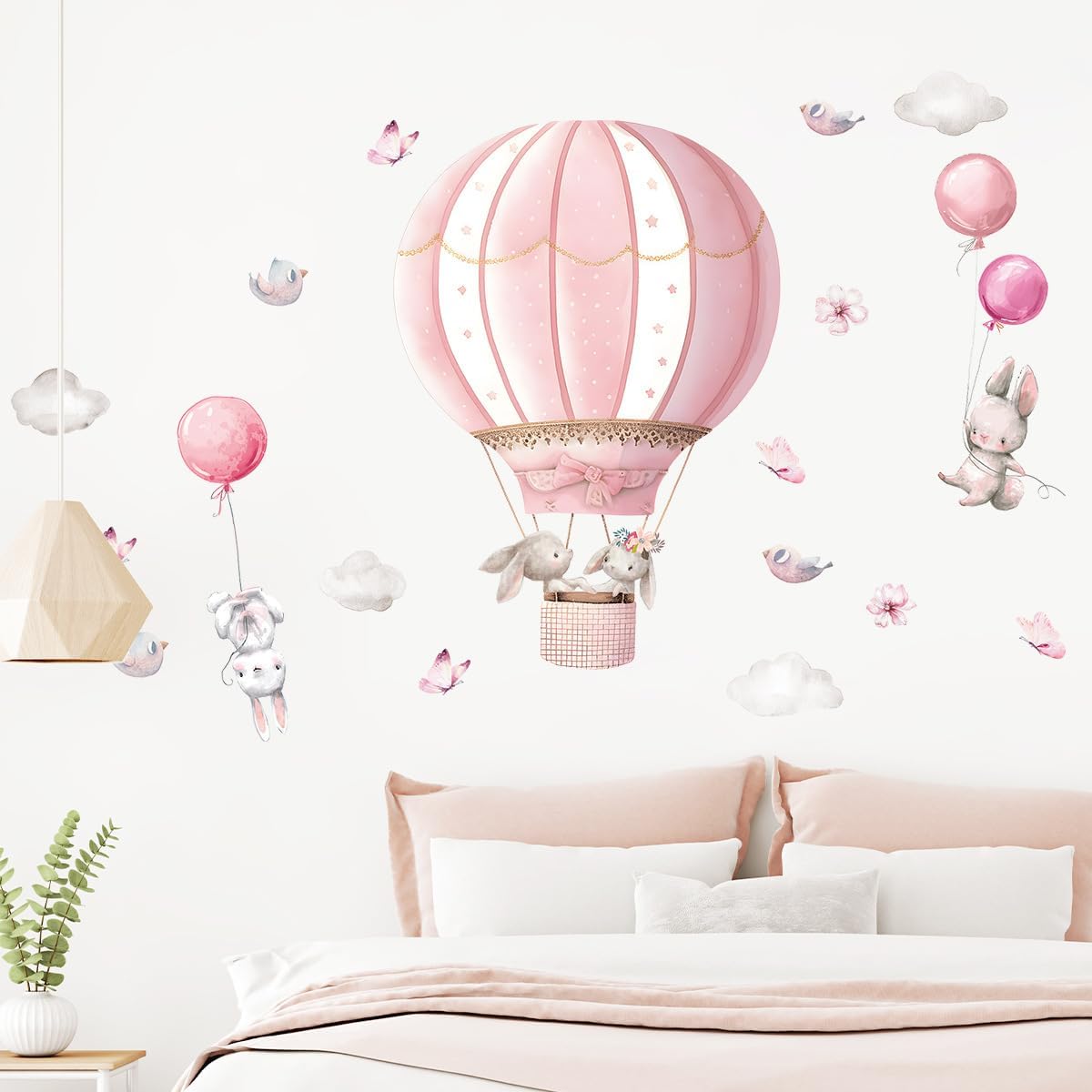 Thumbnail 2 de FUFUQUARE Pink Hot Air Balloon Rabbit Wall Stickers – Removable Decals for Girls' Bedroom