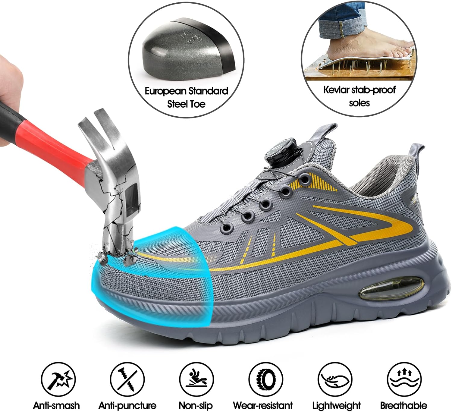 Thumbnail 4 de GemChve Chaussures de sécurité ultra légères pour hommes et femmes, semelle antidérapante respirante avec coiffe acier (37 à 46)