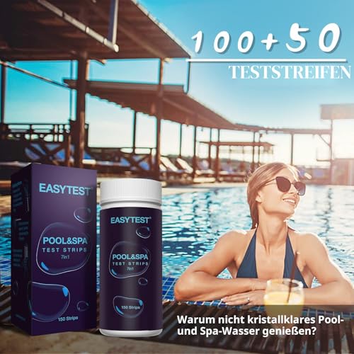 Detalle 2 de EASYTEST 7 in 1 Pool Teststreifen – 150 Streifen für präzise Wassertests im Pool und Spa